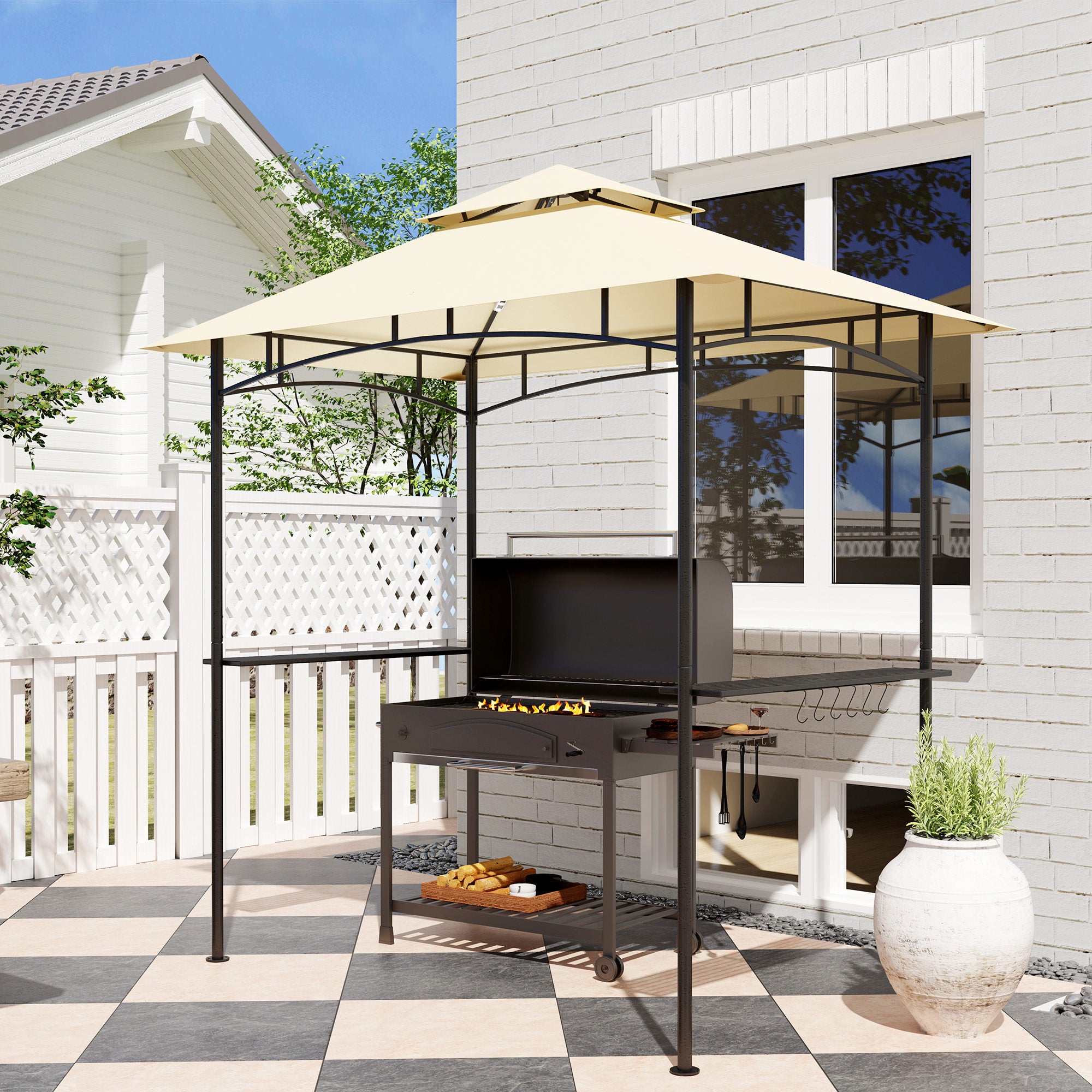 Outsunny 8' x 5' Grill Gazebo with LED Lights, Double Tiered Outdoor BBQ Gazebo Canopy with 2 Side Shelves, Storage Basket and Hooks for Patio, Garden, Backyard, Beige