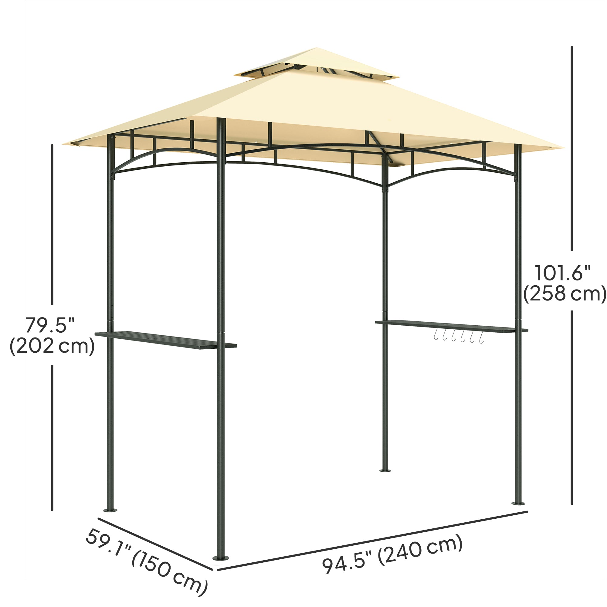 Outsunny 8' x 5' Grill Gazebo with LED Lights, Double Tiered Outdoor BBQ Gazebo Canopy with 2 Side Shelves, Storage Basket and Hooks for Patio, Garden, Backyard, Beige