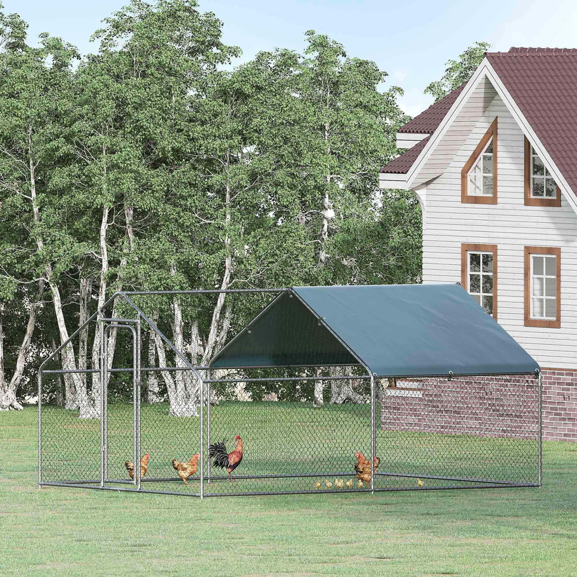 PawHut Large Chicken Coop Metal Chicken Run with Waterproof and Anti-UV Cover, Spire Shaped Walk-in Fence Cage Hen House for Outdoor and Yard Farm Use, 1.3" Tube Diameter, 9.8' x 13.1' x 6.4'