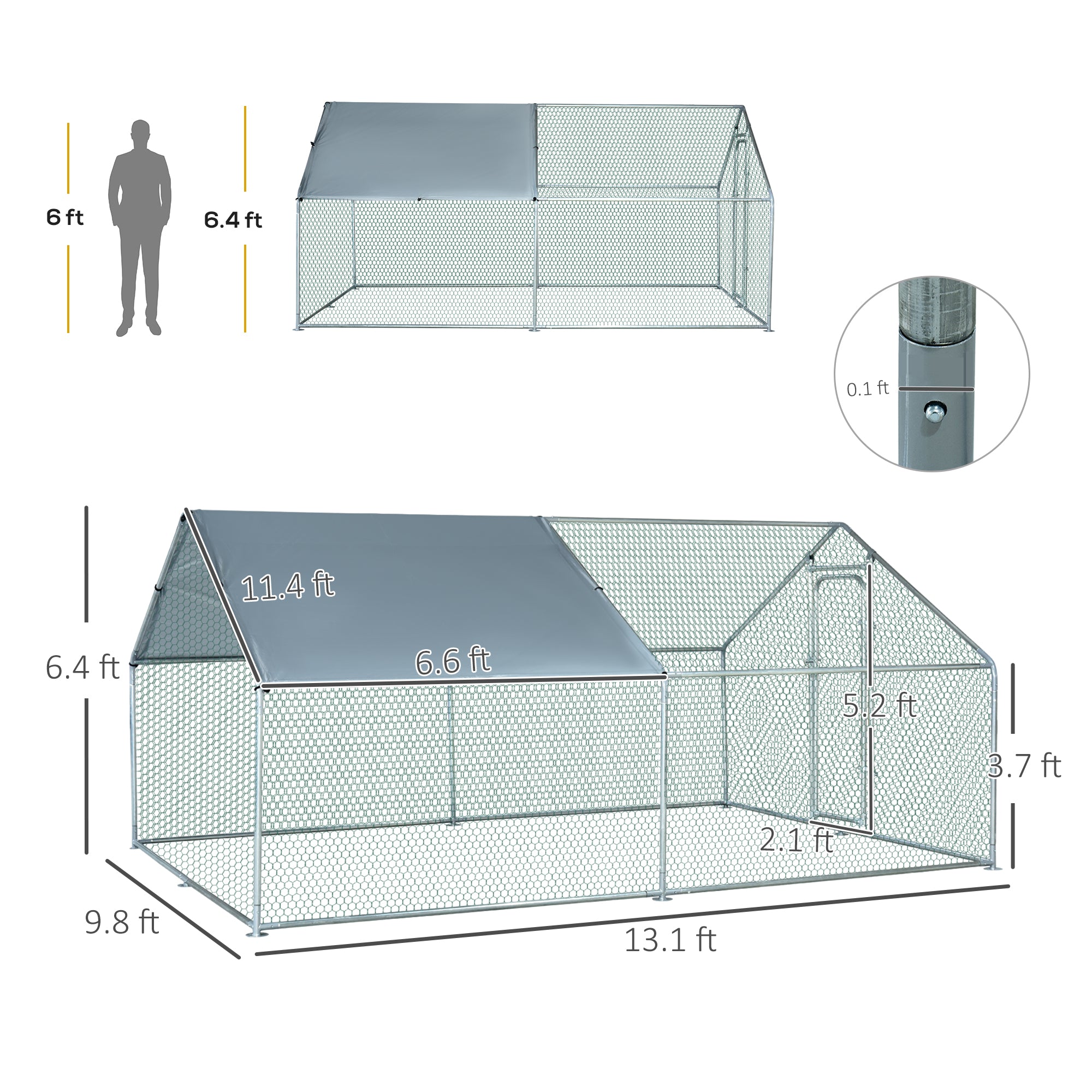 PawHut Large Chicken Coop Metal Chicken Run with Waterproof and Anti-UV Cover, Spire Shaped Walk-in Fence Cage Hen House for Outdoor and Yard Farm Use, 1.3" Tube Diameter, 9.8' x 13.1' x 6.4'