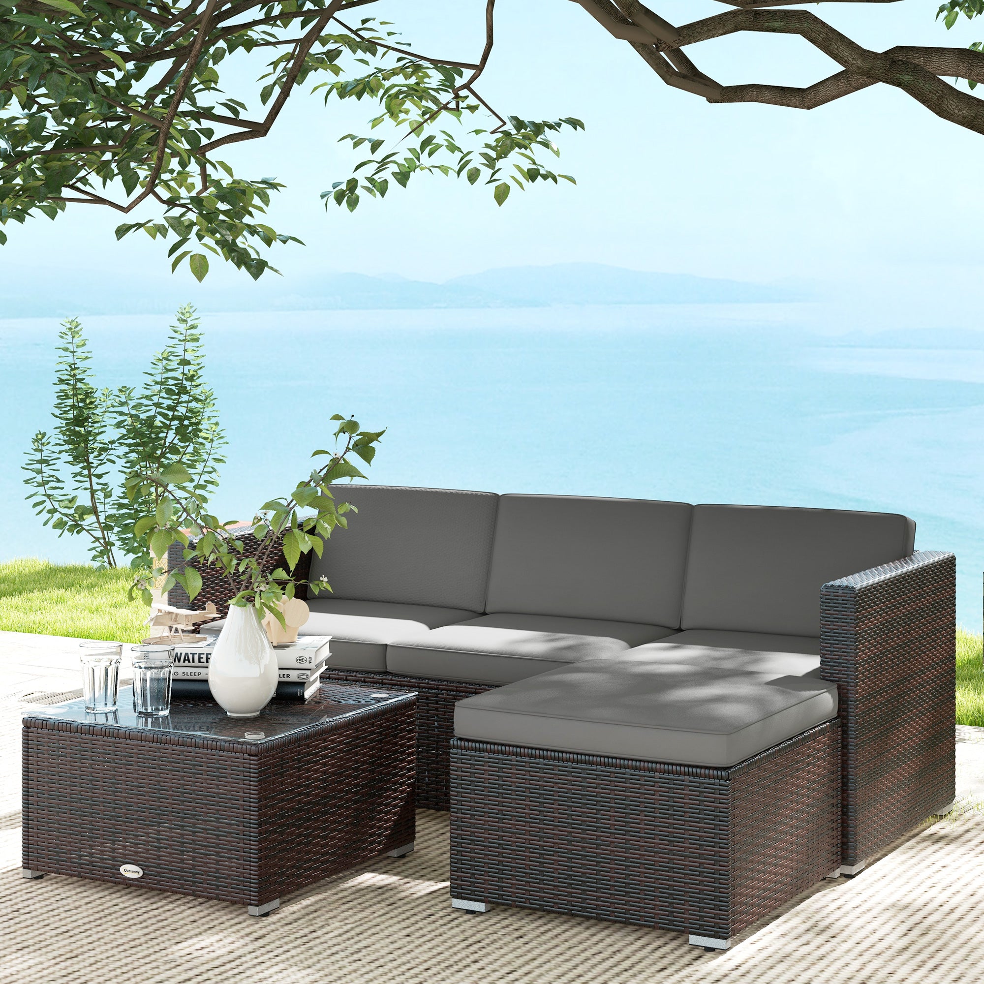 Outsunny 3 Pieces Patio Furniture Set with Cushions, Outdoor PE Rattan Wicker Conversation Corner Sofa Set with Glass Top Table and Adjustable Foot for Garden, Lawn, Light Grey