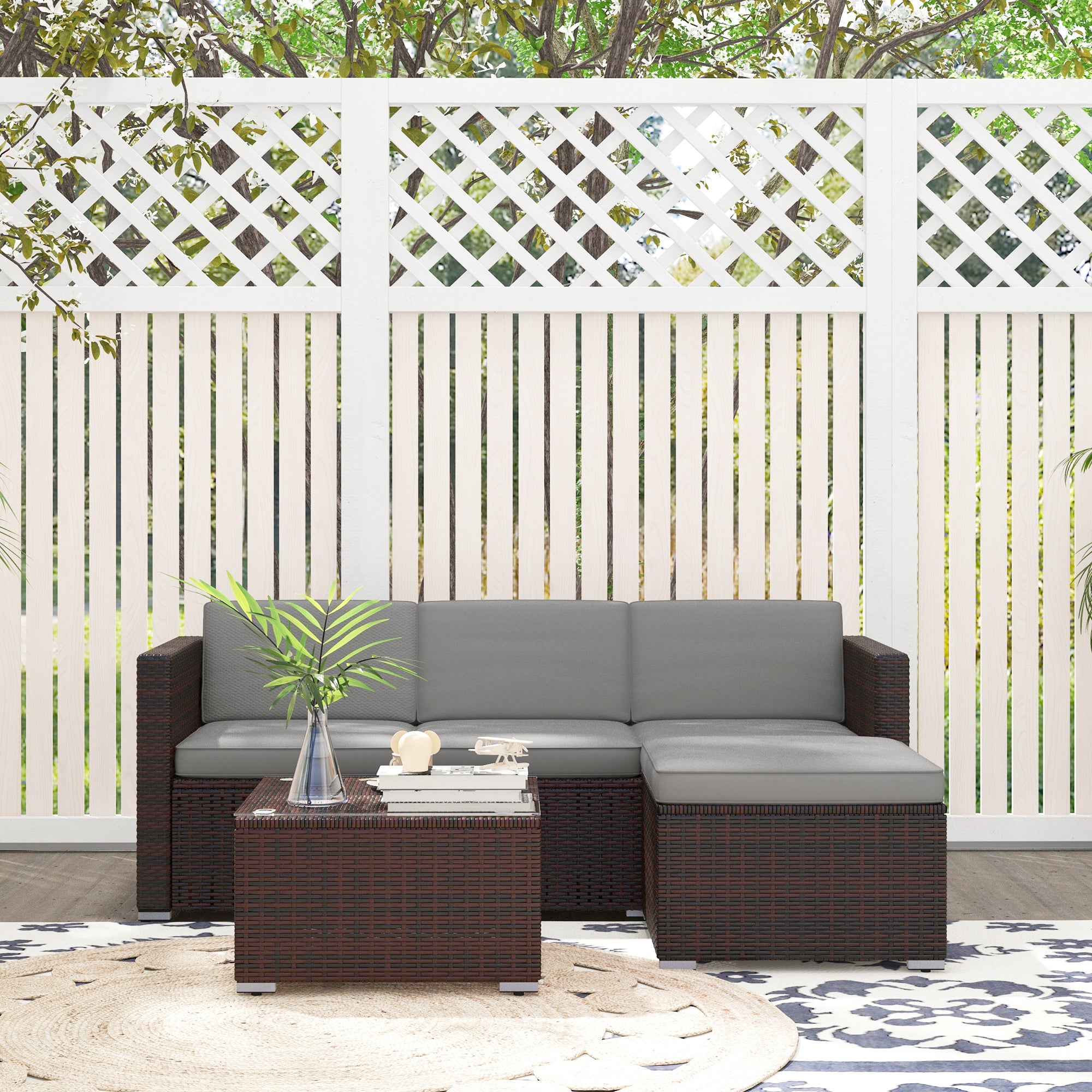 Outsunny 3 Pieces Patio Furniture Set with Cushions, Outdoor PE Rattan Wicker Conversation Corner Sofa Set with Glass Top Table and Adjustable Foot for Garden, Lawn, Light Grey