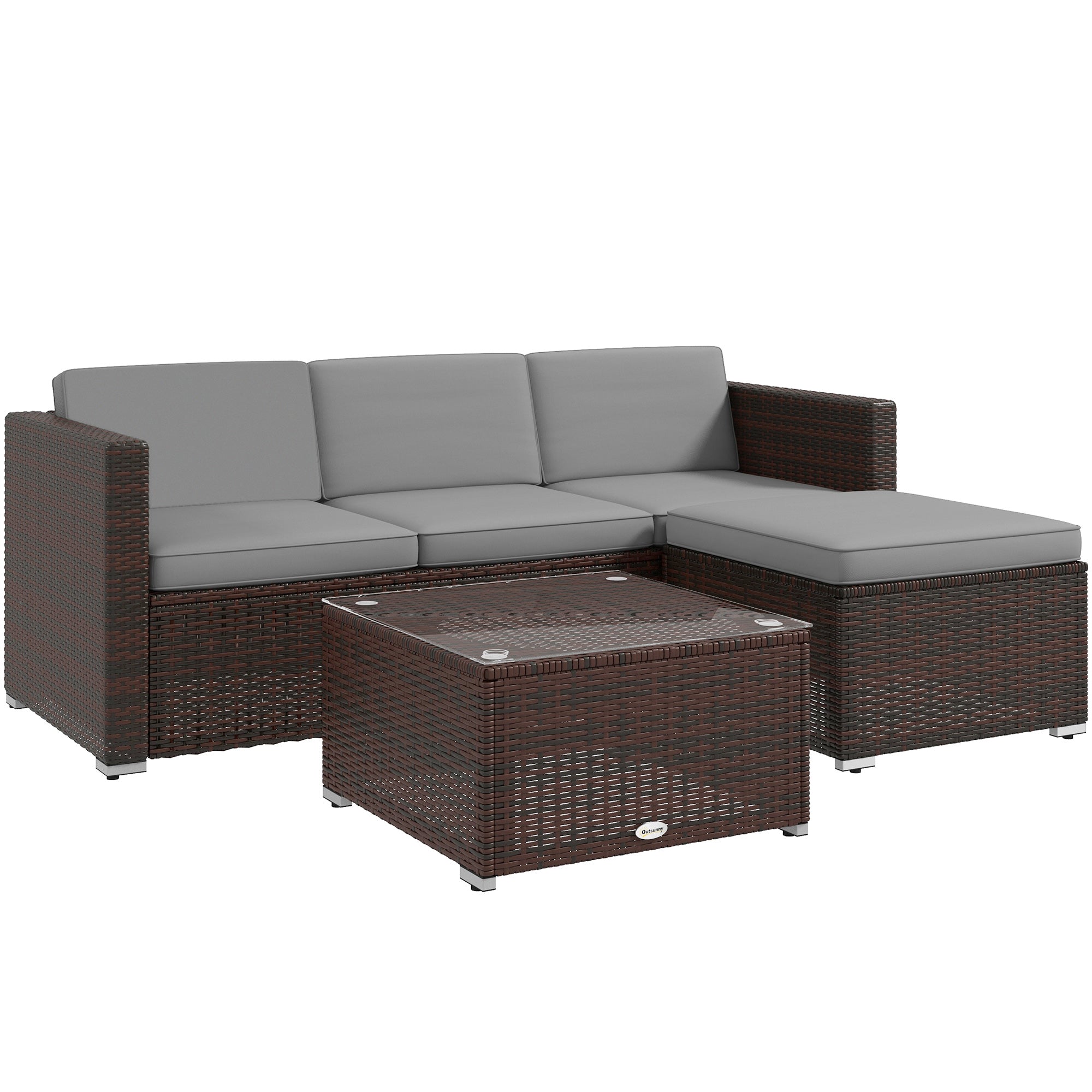 Outsunny 3 Pieces Patio Furniture Set with Cushions, Outdoor PE Rattan Wicker Conversation Corner Sofa Set with Glass Top Table and Adjustable Foot for Garden, Lawn, Light Grey