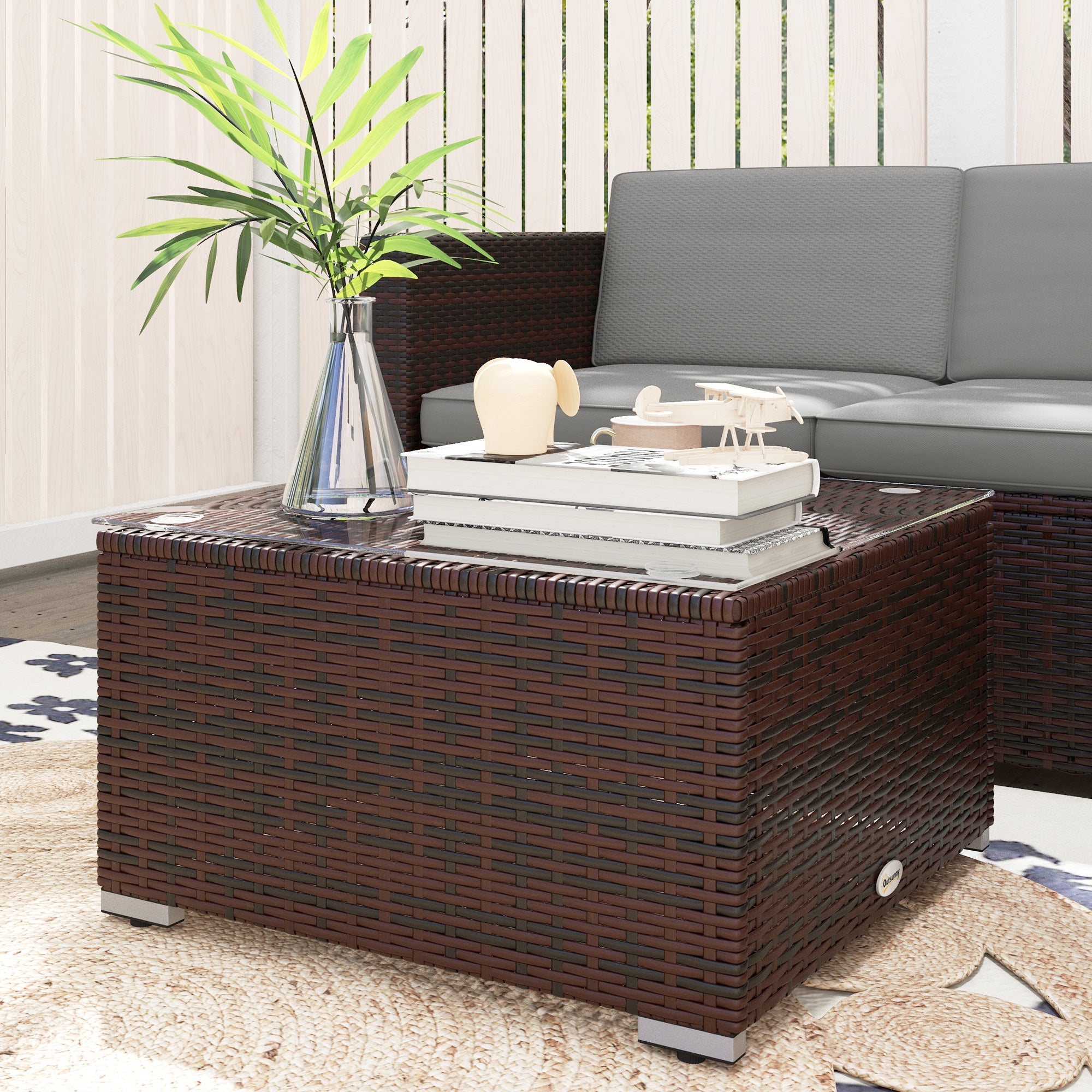 Outsunny 3 Pieces Patio Furniture Set with Cushions, Outdoor PE Rattan Wicker Conversation Corner Sofa Set with Glass Top Table and Adjustable Foot for Garden, Lawn, Light Grey