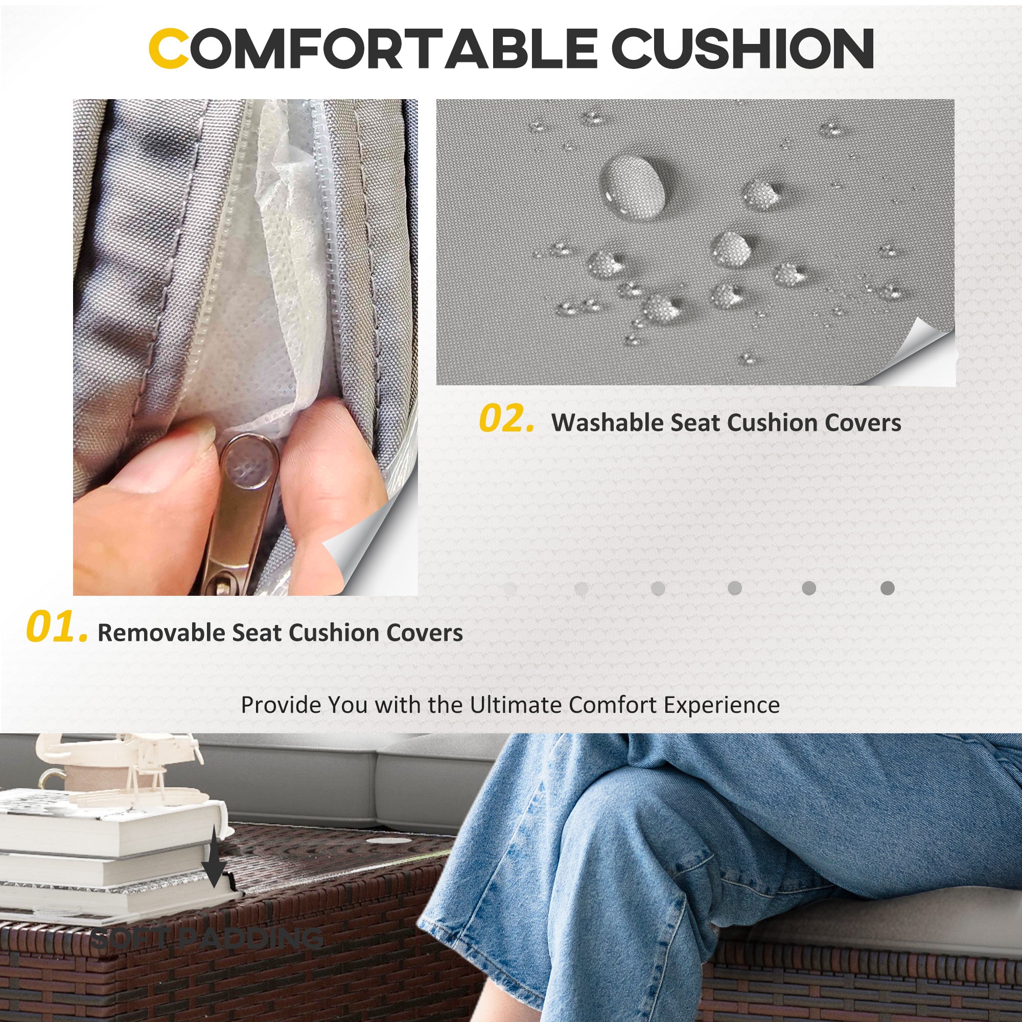 Outsunny 3 Pieces Patio Furniture Set with Cushions, Outdoor PE Rattan Wicker Conversation Corner Sofa Set with Glass Top Table and Adjustable Foot for Garden, Lawn, Light Grey