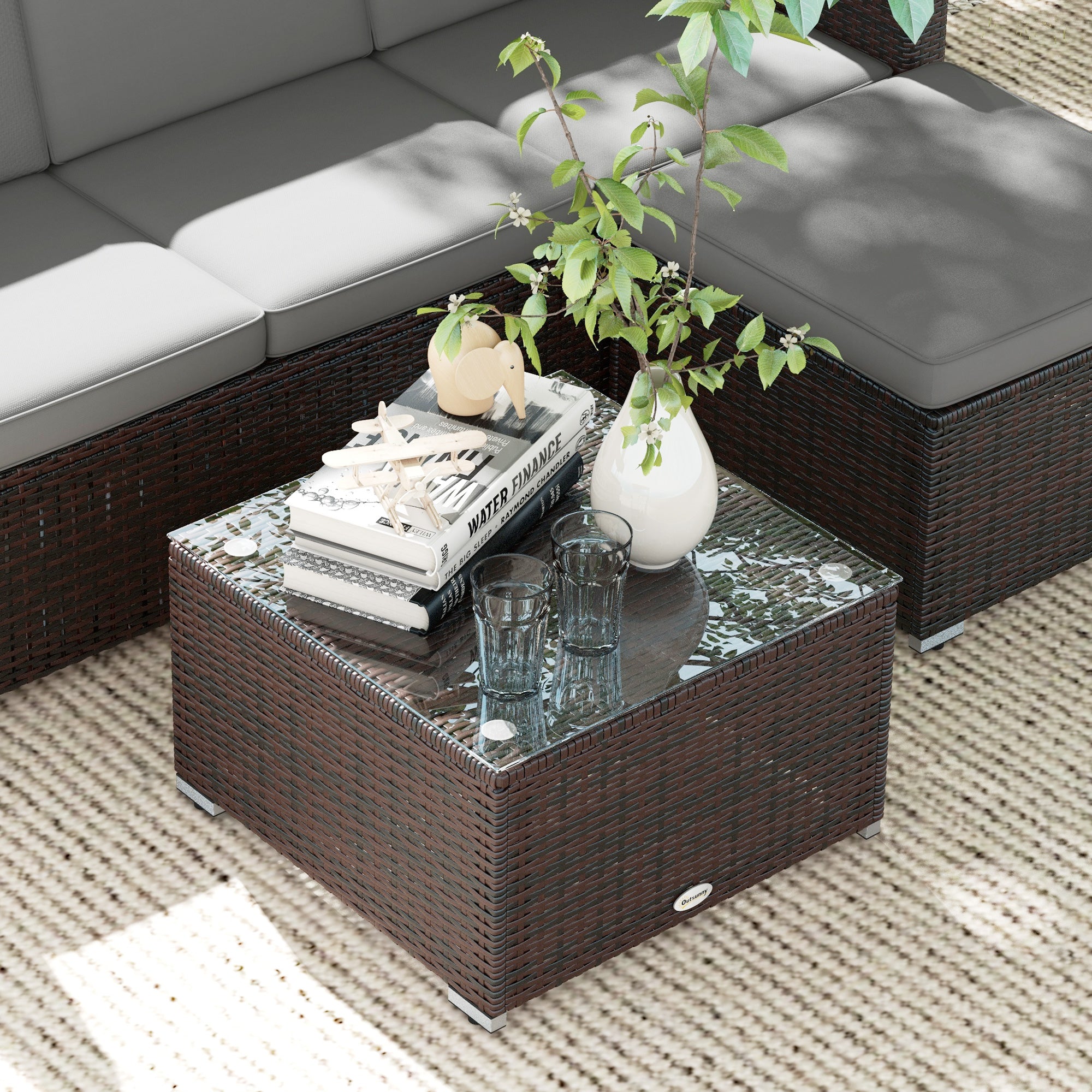 Outsunny 3 Pieces Patio Furniture Set with Cushions, Outdoor PE Rattan Wicker Conversation Corner Sofa Set with Glass Top Table and Adjustable Foot for Garden, Lawn, Light Grey