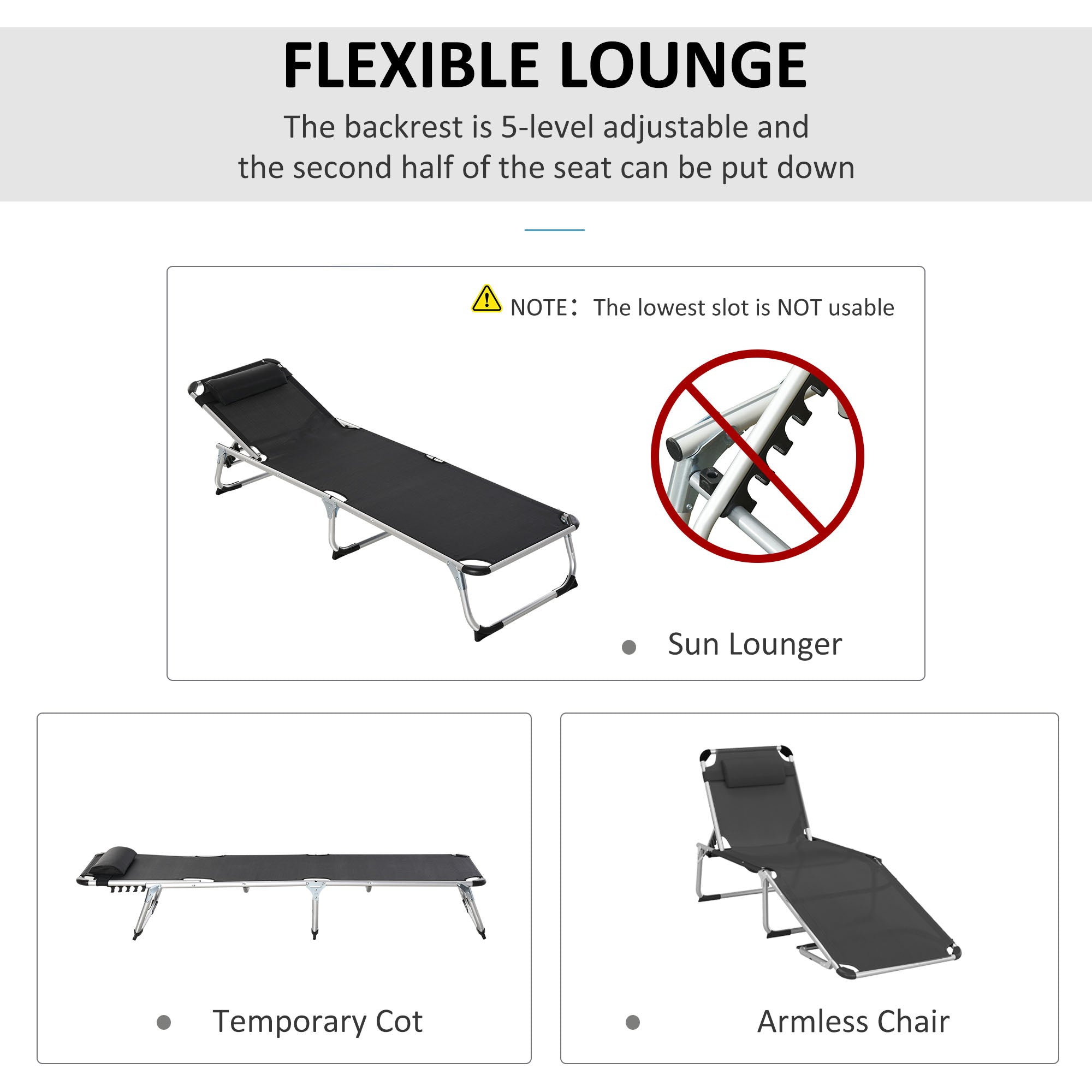 Outsunny Folding Lounge Chair, Patio Lounger with Headrest, 5-Level Adjustable Backrest, and Aluminum Frame, Black