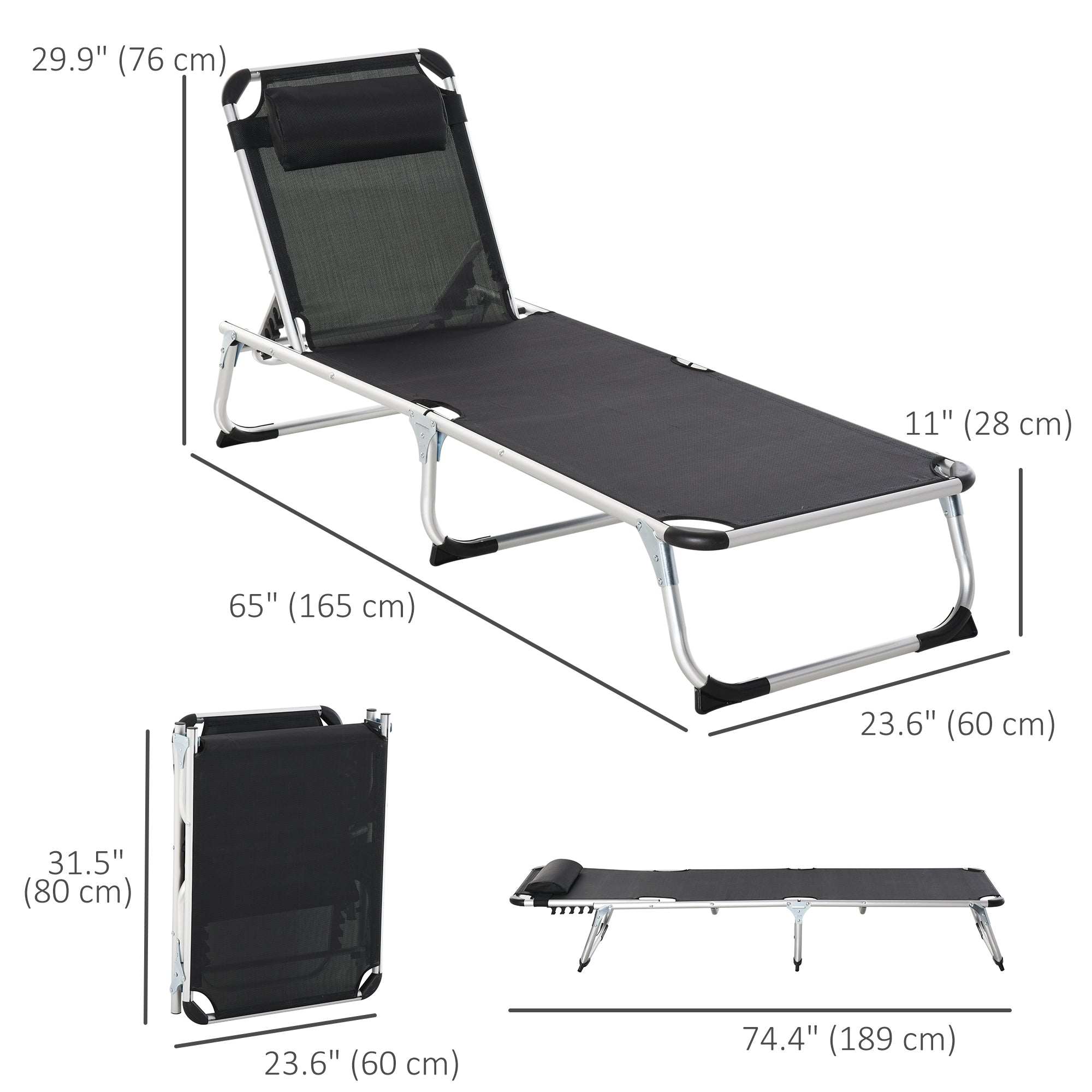 Outsunny Folding Lounge Chair, Patio Lounger with Headrest, 5-Level Adjustable Backrest, and Aluminum Frame, Black