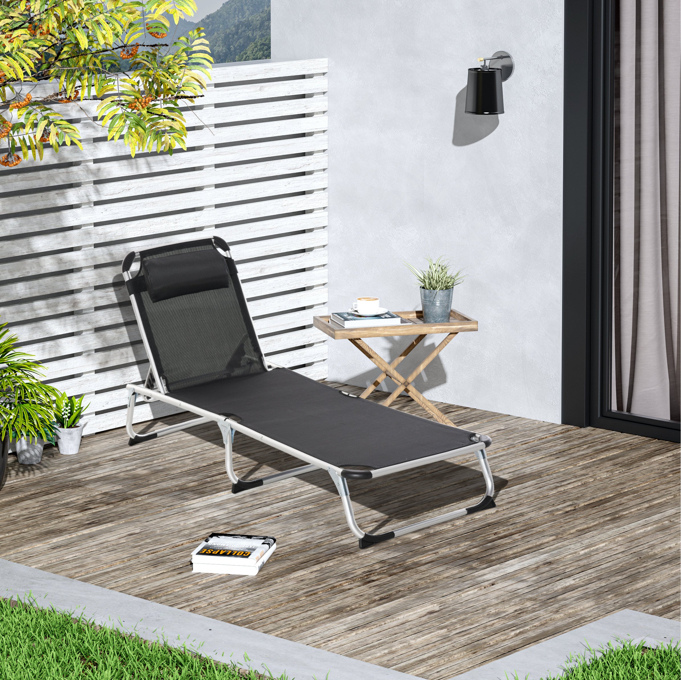 Outsunny Folding Lounge Chair, Patio Lounger with Headrest, 5-Level Adjustable Backrest, and Aluminum Frame, Black