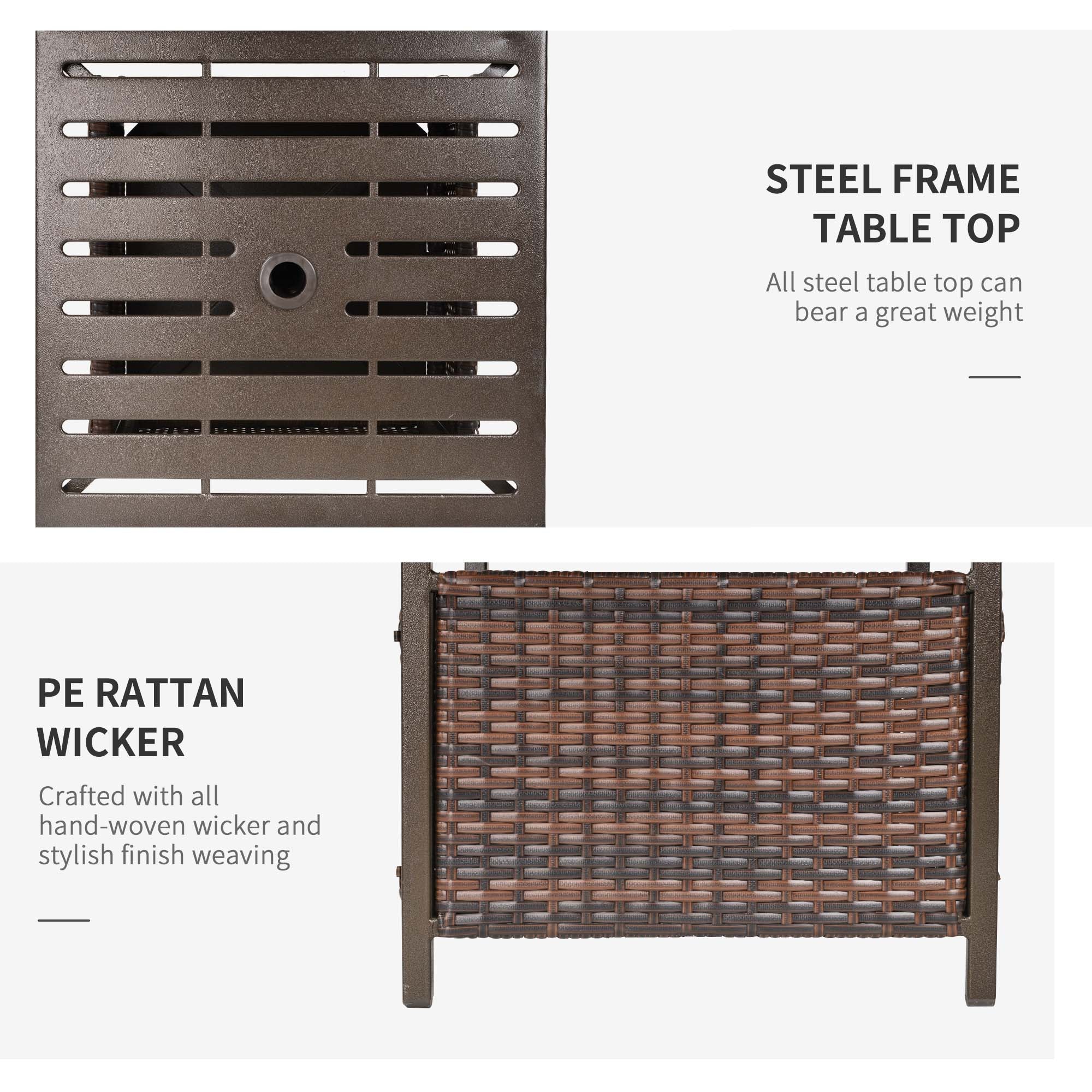 Outsunny 21.75" Outdoor Rattan Wicker Patio Coffee Table with Umbrella Hole, Patio Side Table with Slatted Metal Top, Suitable for Garden, Backyard, Brown