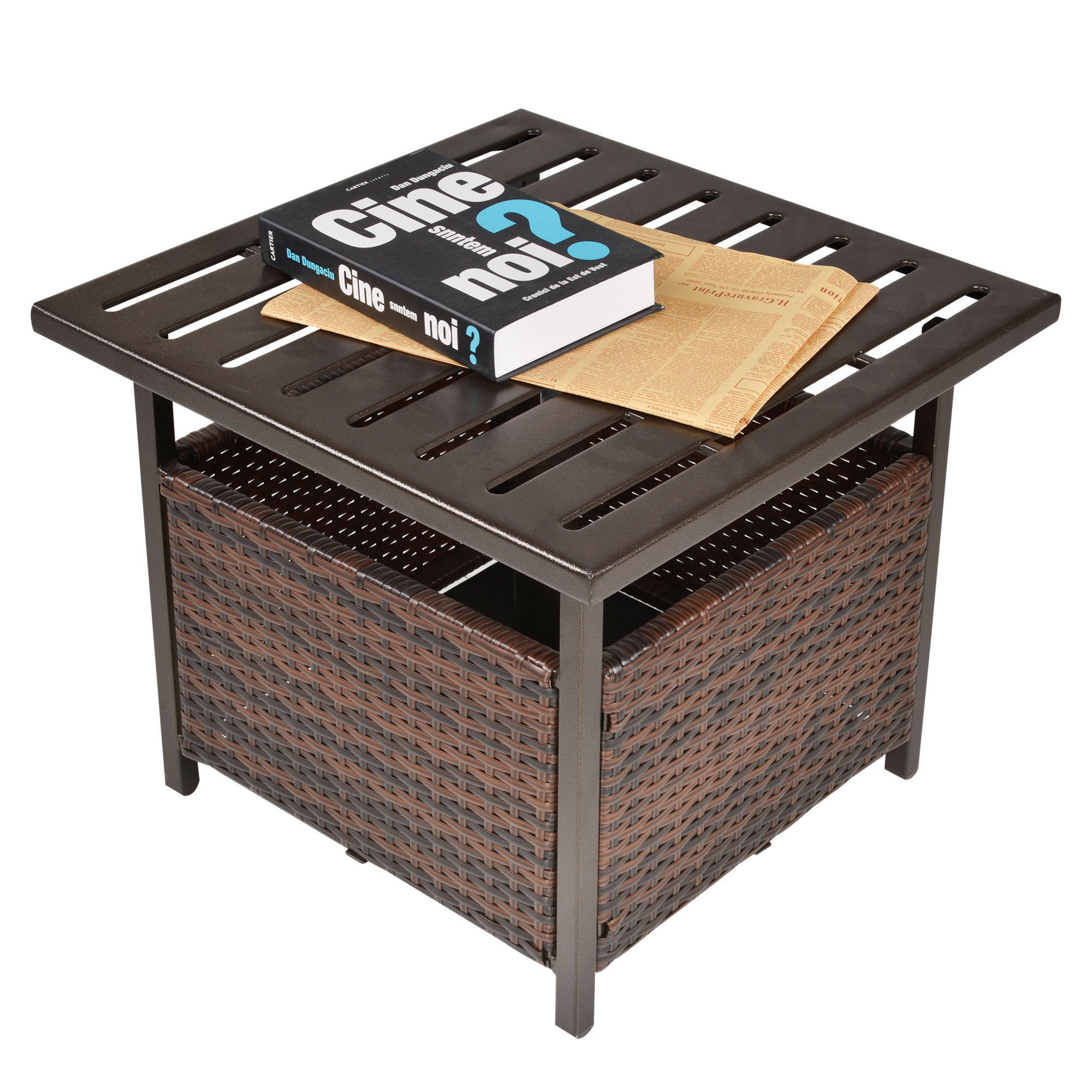Outsunny 21.75" Outdoor Rattan Wicker Patio Coffee Table with Umbrella Hole, Patio Side Table with Slatted Metal Top, Suitable for Garden, Backyard, Brown