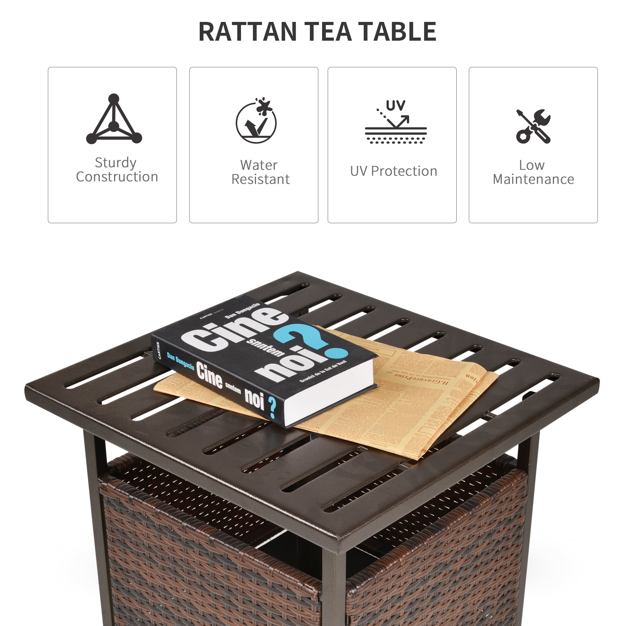 Outsunny 21.75" Outdoor Rattan Wicker Patio Coffee Table with Umbrella Hole, Patio Side Table with Slatted Metal Top, Suitable for Garden, Backyard, Brown