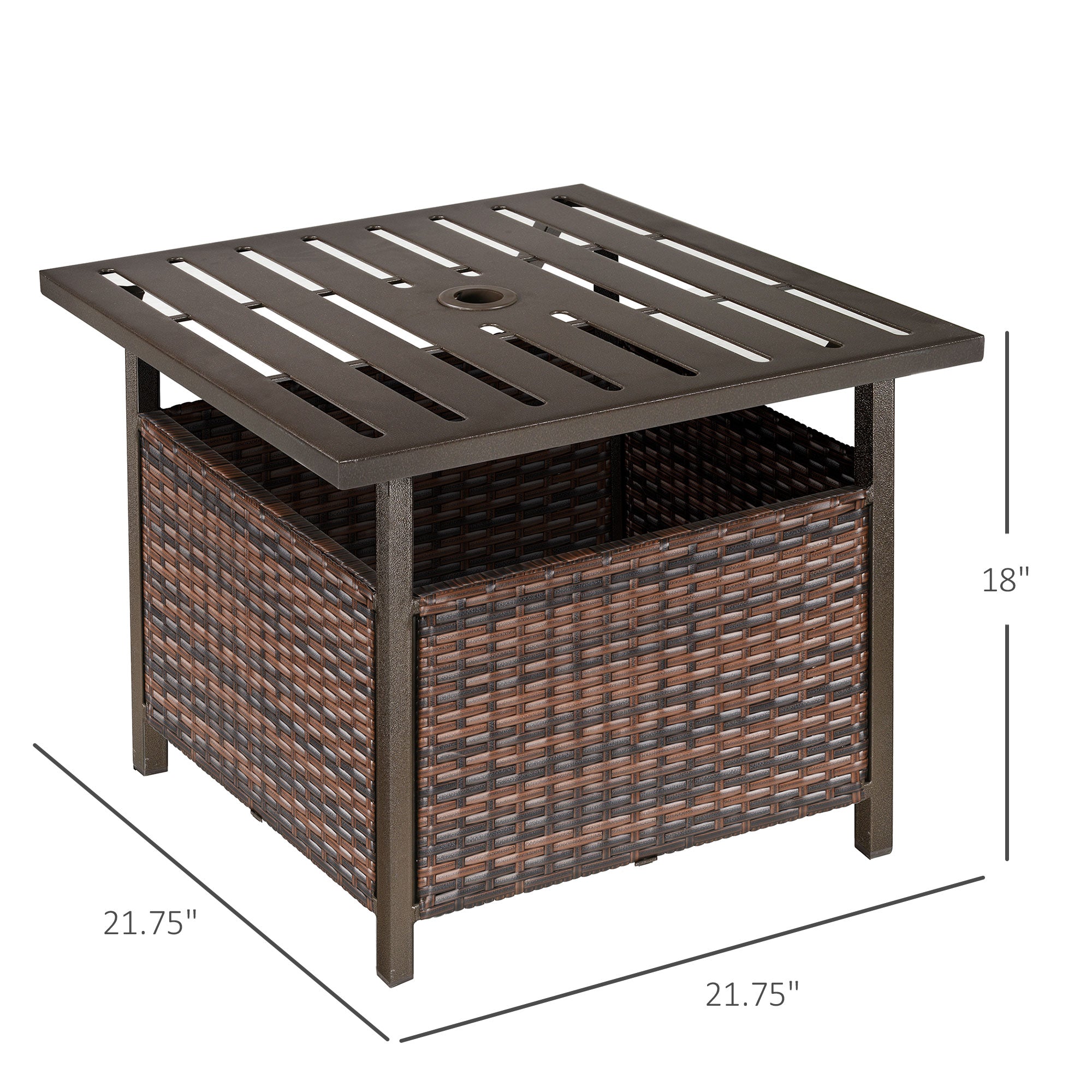 Outsunny 21.75" Outdoor Rattan Wicker Patio Coffee Table with Umbrella Hole, Patio Side Table with Slatted Metal Top, Suitable for Garden, Backyard, Brown