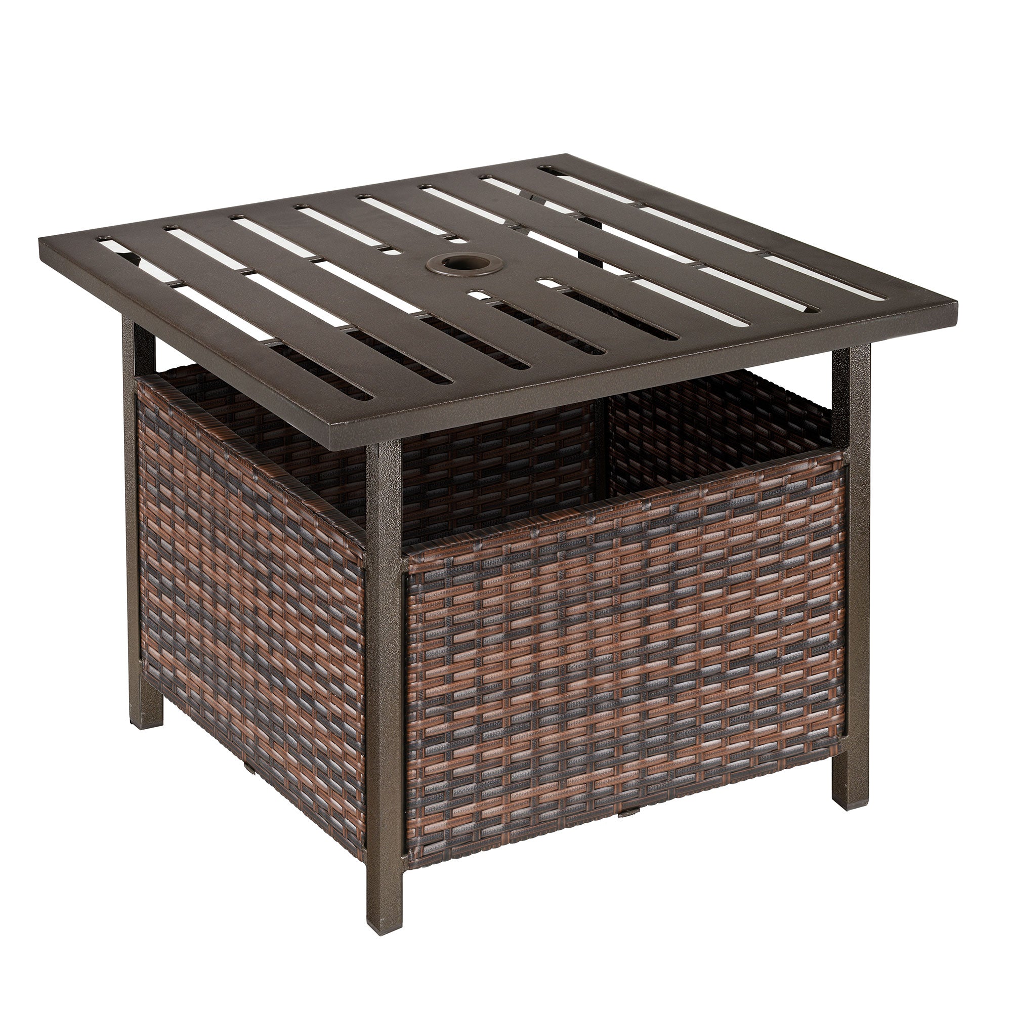 Outsunny 21.75" Outdoor Rattan Wicker Patio Coffee Table with Umbrella Hole, Patio Side Table with Slatted Metal Top, Suitable for Garden, Backyard, Brown