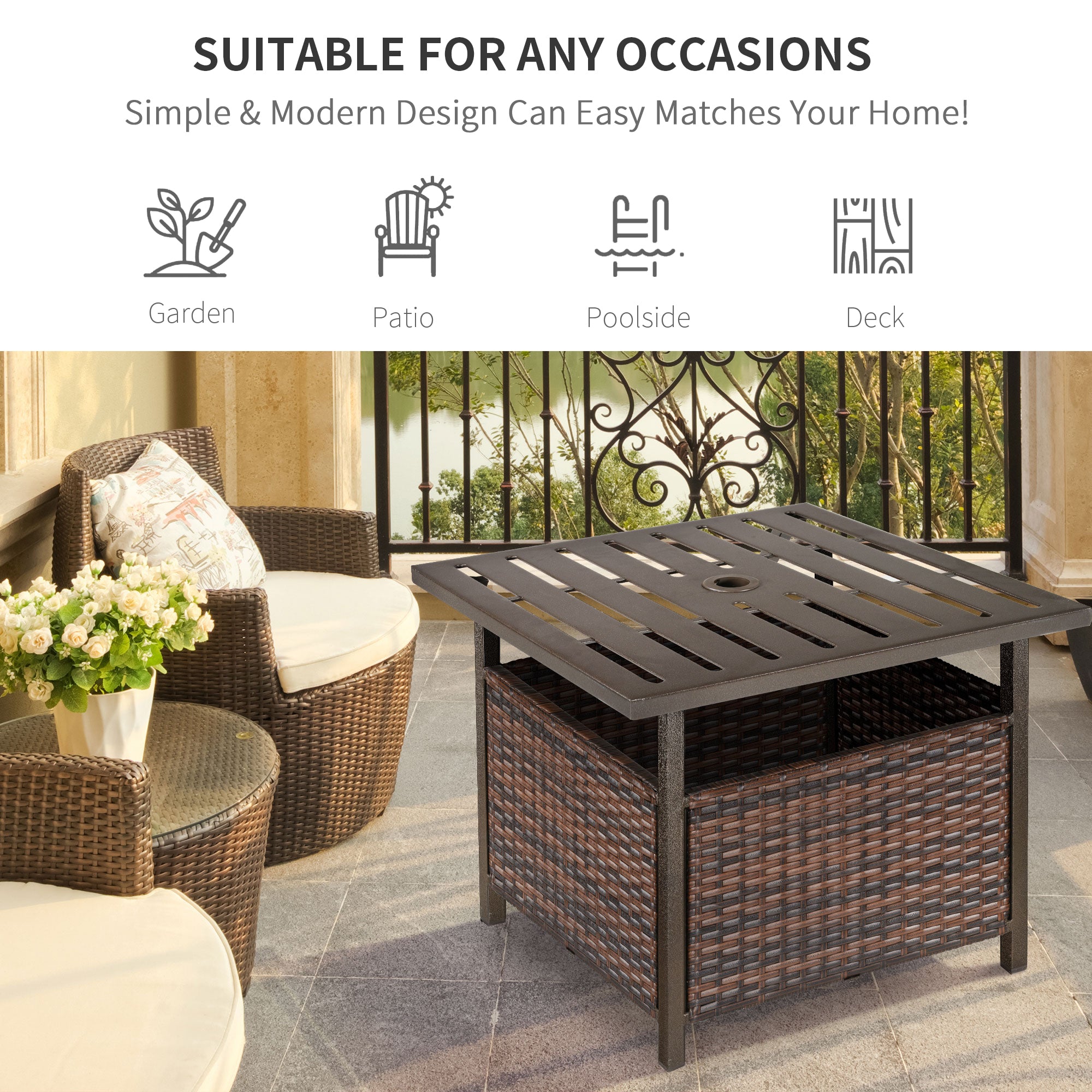 Outsunny 21.75" Outdoor Rattan Wicker Patio Coffee Table with Umbrella Hole, Patio Side Table with Slatted Metal Top, Suitable for Garden, Backyard, Brown
