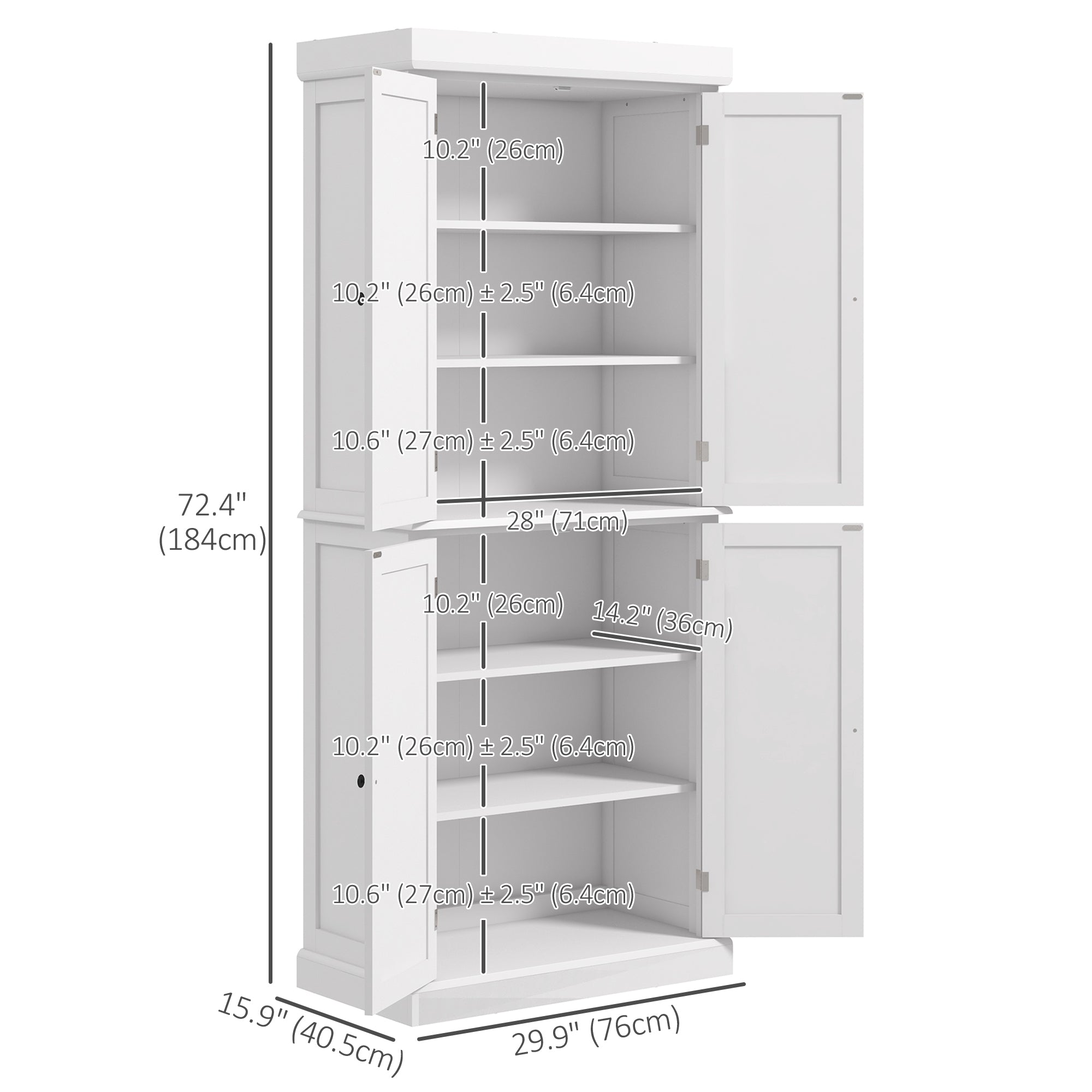 HOMCOM 72.5" Kitchen Pantry Cabinet, Freestanding Kitchen Pantry Storage Cabinet with 4 Doors, White