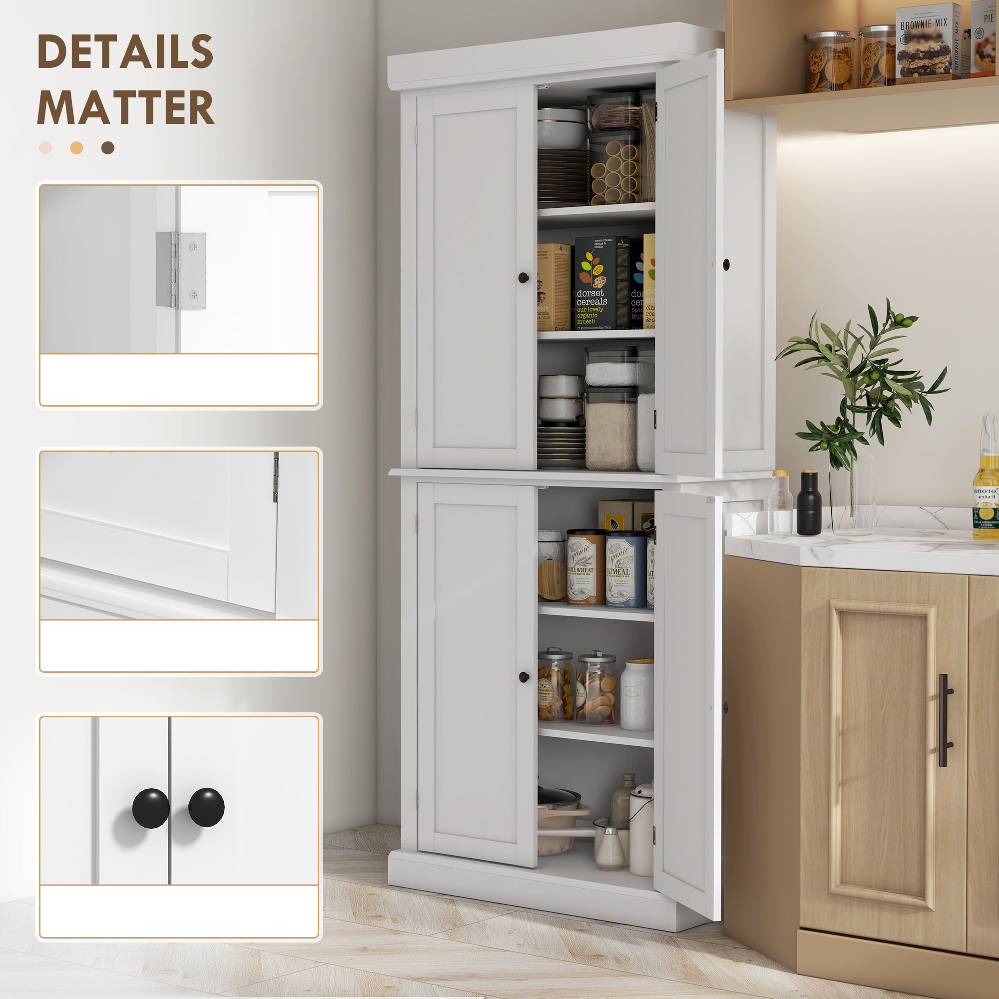 HOMCOM 72.5" Kitchen Pantry Cabinet, Freestanding Kitchen Pantry Storage Cabinet with 4 Doors, White