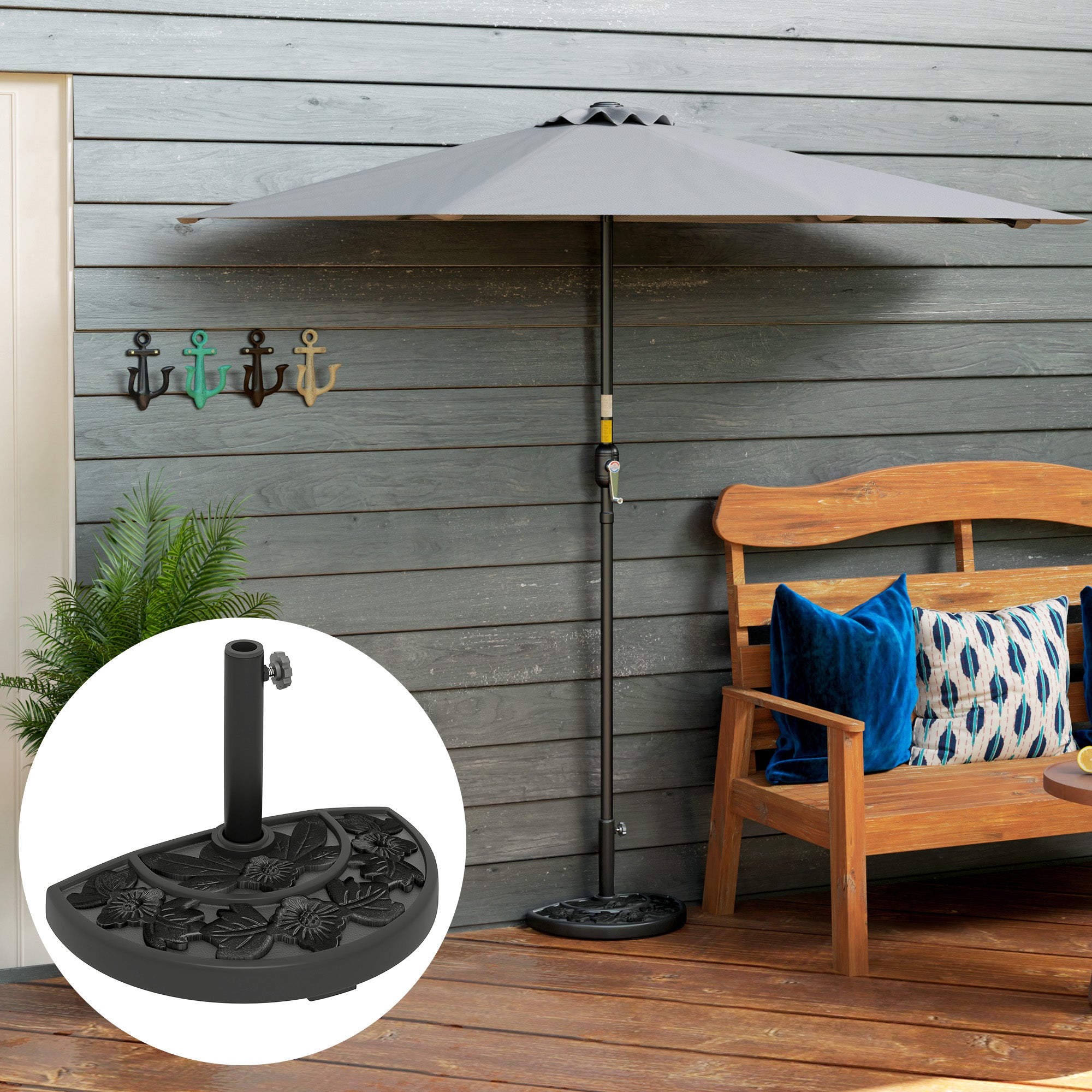 Outsunny Half Umbrella Base, 21 lbs Concrete Half Umbrella Stand Outdoor Umbrella Base with Flower-Leaf Design, Patio Umbrella Stand for Outdoor Lawn Poolside, Black