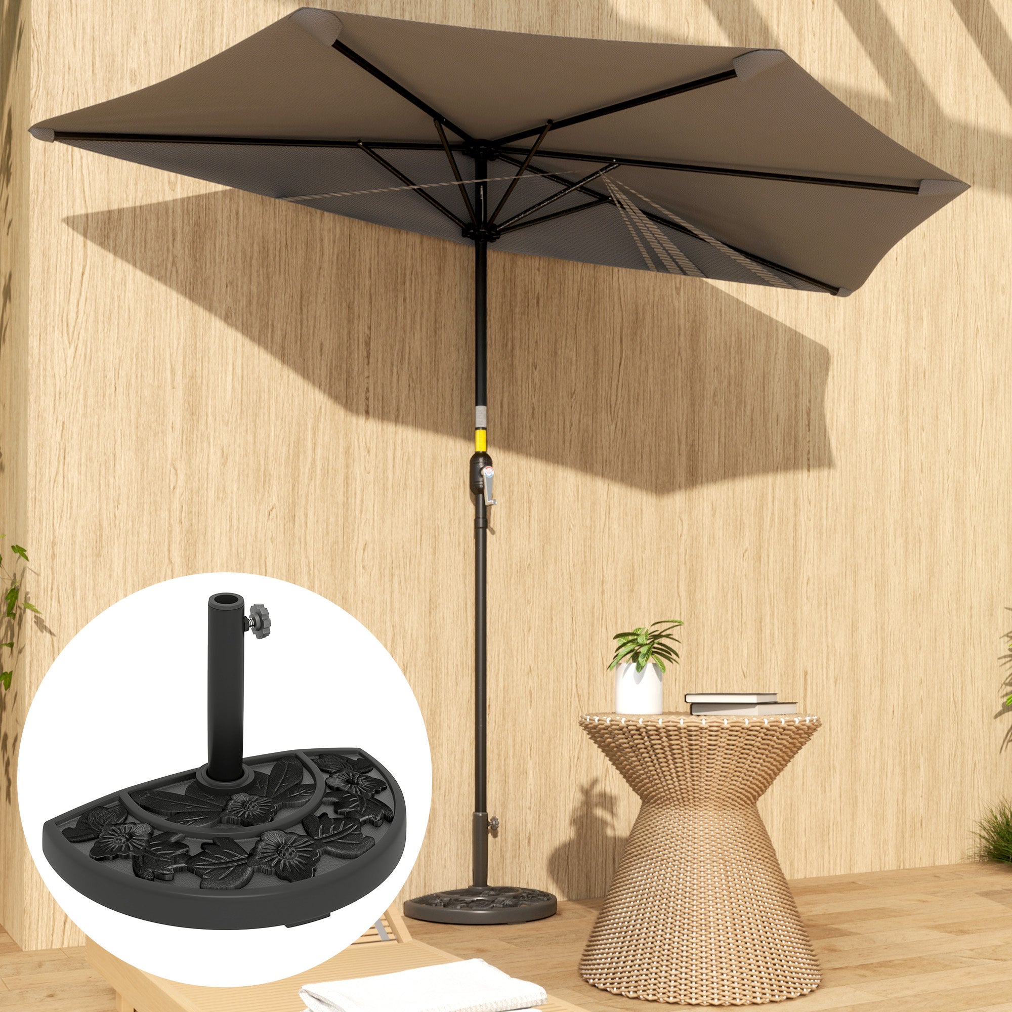 Outsunny Half Umbrella Base, 21 lbs Concrete Half Umbrella Stand Outdoor Umbrella Base with Flower-Leaf Design, Patio Umbrella Stand for Outdoor Lawn Poolside, Black