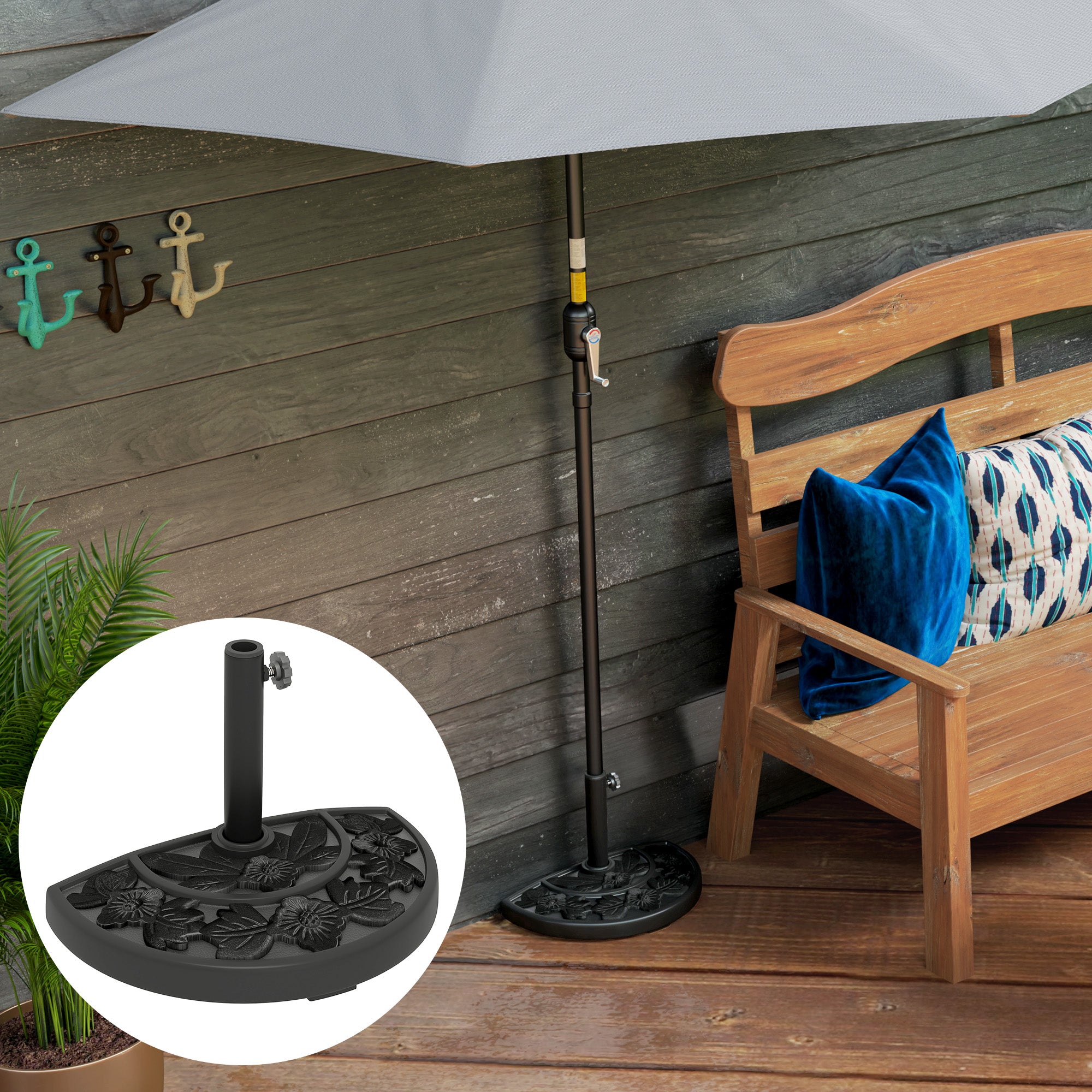 Outsunny Half Umbrella Base, 21 lbs Concrete Half Umbrella Stand Outdoor Umbrella Base with Flower-Leaf Design, Patio Umbrella Stand for Outdoor Lawn Poolside, Black