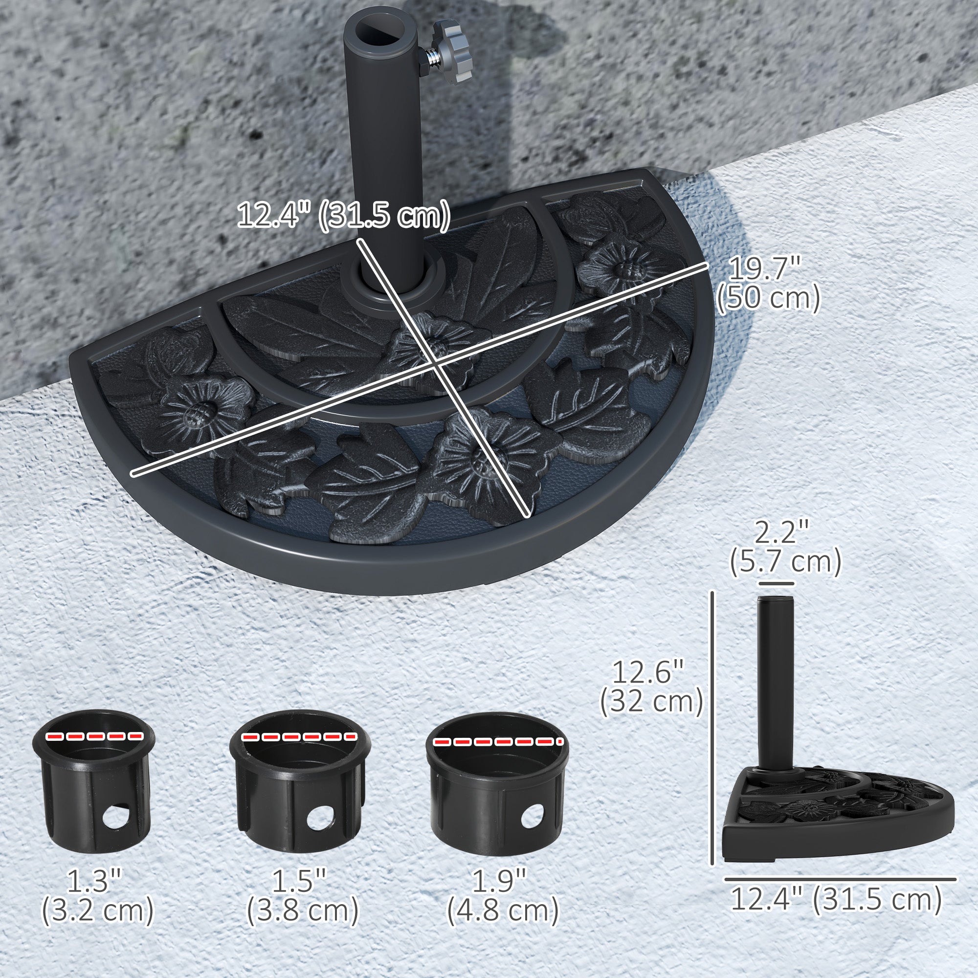Outsunny Half Umbrella Base, 21 lbs Concrete Half Umbrella Stand Outdoor Umbrella Base with Flower-Leaf Design, Patio Umbrella Stand for Outdoor Lawn Poolside, Black