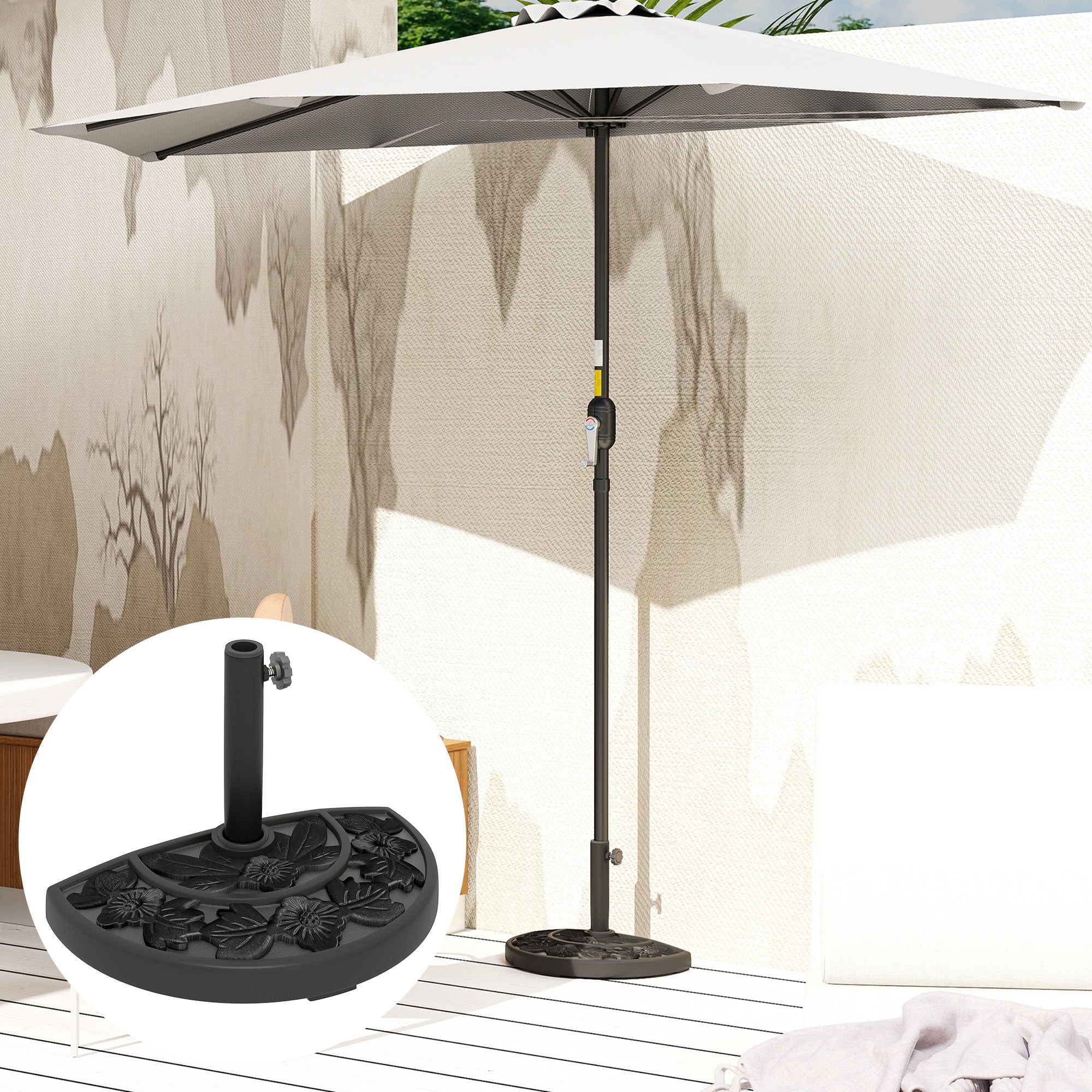 Outsunny Half Umbrella Base, 21 lbs Concrete Half Umbrella Stand Outdoor Umbrella Base with Flower-Leaf Design, Patio Umbrella Stand for Outdoor Lawn Poolside, Black