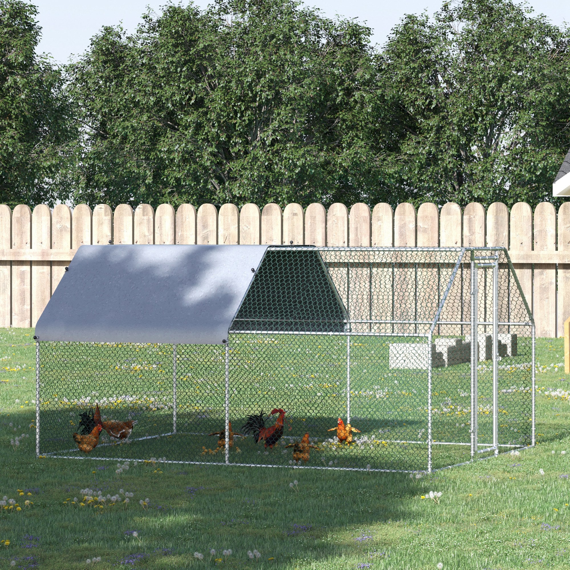 PawHut 9.2' x 12.5' Metal Chicken Coop, Galvanized Walk-in Hen House, Poultry Cage Outdoor Backyard with Waterproof UV-Protection Cover for Rabbits, Ducks