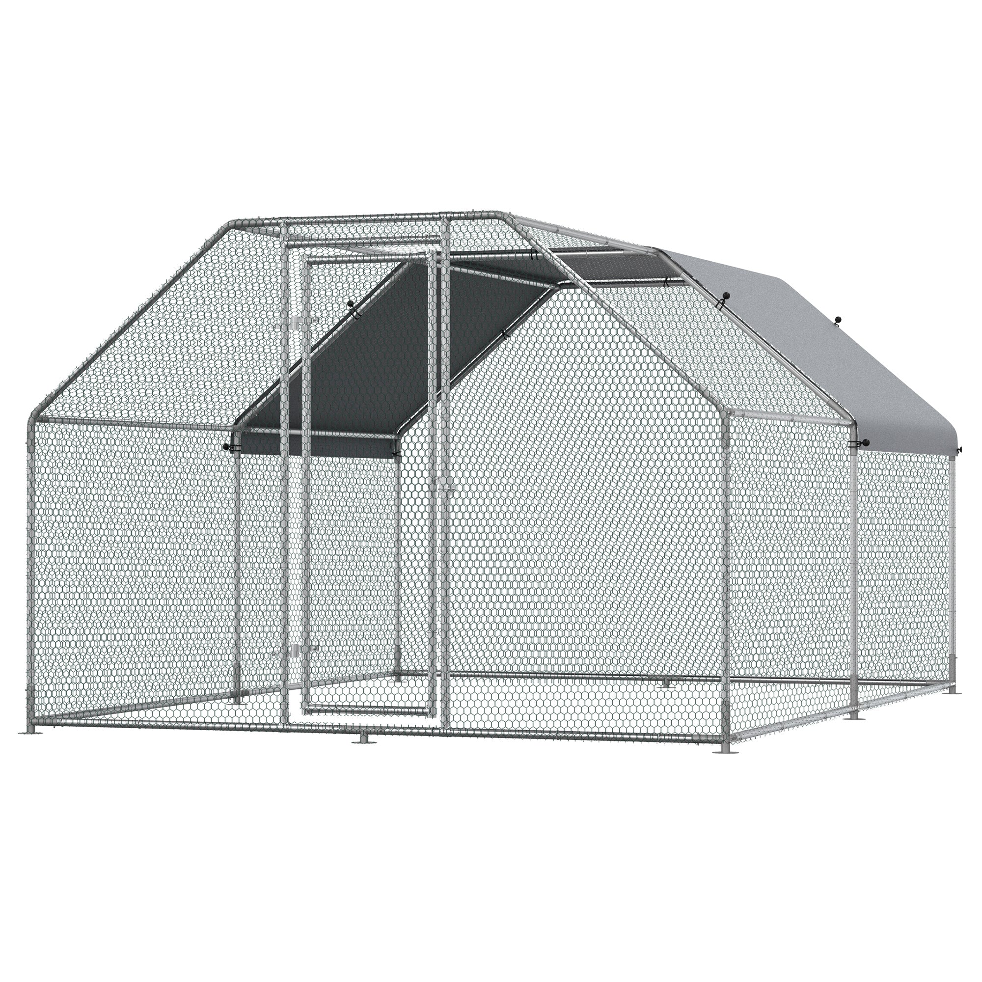 PawHut 9.2' x 12.5' Metal Chicken Coop, Galvanized Walk-in Hen House, Poultry Cage Outdoor Backyard with Waterproof UV-Protection Cover for Rabbits, Ducks