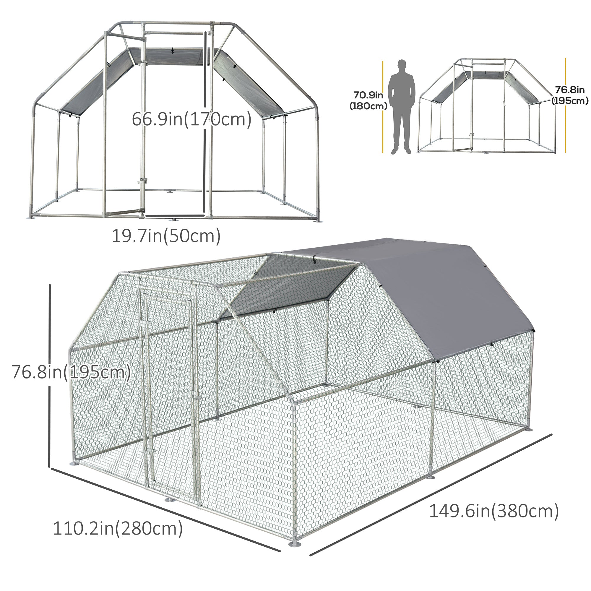 PawHut 9.2' x 12.5' Metal Chicken Coop, Galvanized Walk-in Hen House, Poultry Cage Outdoor Backyard with Waterproof UV-Protection Cover for Rabbits, Ducks