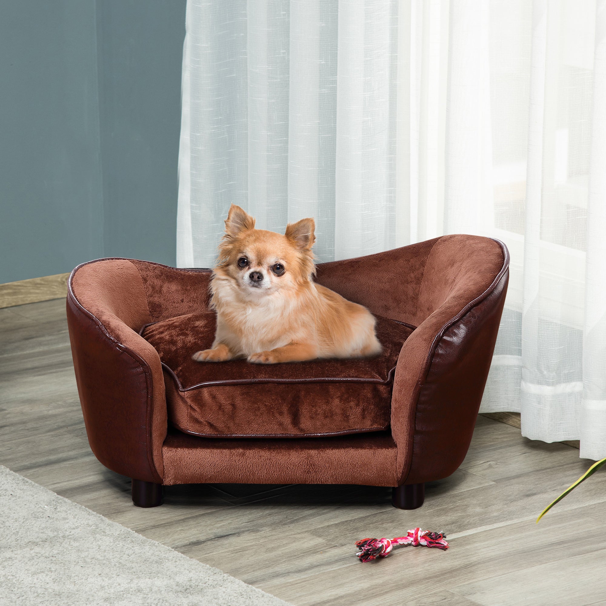 PawHut Dog Sofa Bed for XS-Sized Dogs, Pet Couch with Removable Soft Cushion, Cat Sofa Lounge with Back Pocket, Thick Sponge, Wooden Frame