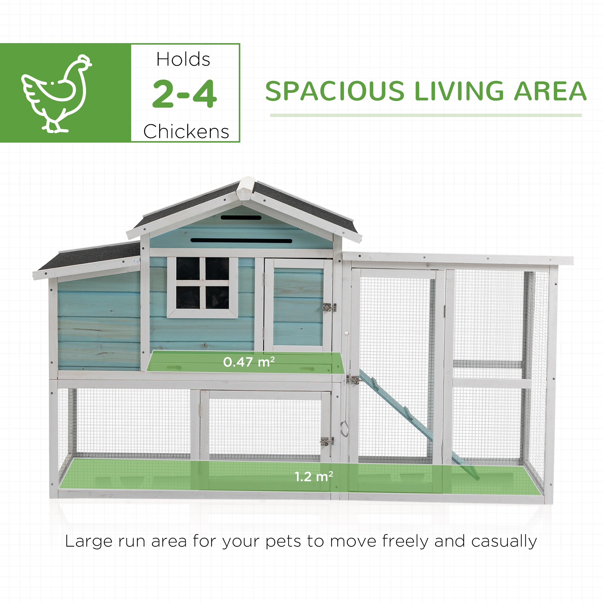 PawHut 76" Wooden Chicken Coop, Outdoor Hen House Poultry Duck Goose Cage with Outdoor Run, Nesting Box, Removable Tray and Lockable Doors, Blue