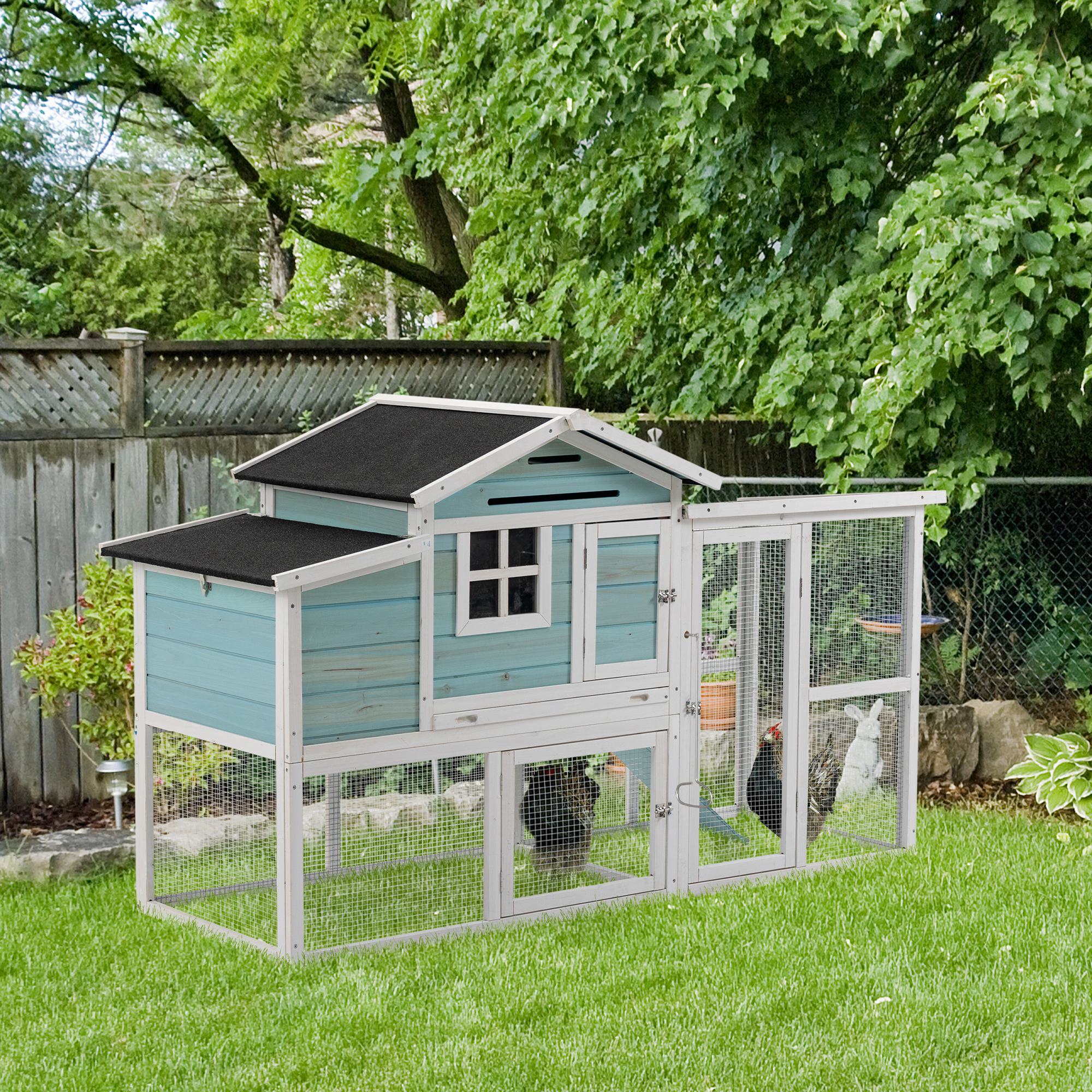 PawHut 76" Wooden Chicken Coop, Outdoor Hen House Poultry Duck Goose Cage with Outdoor Run, Nesting Box, Removable Tray and Lockable Doors, Blue