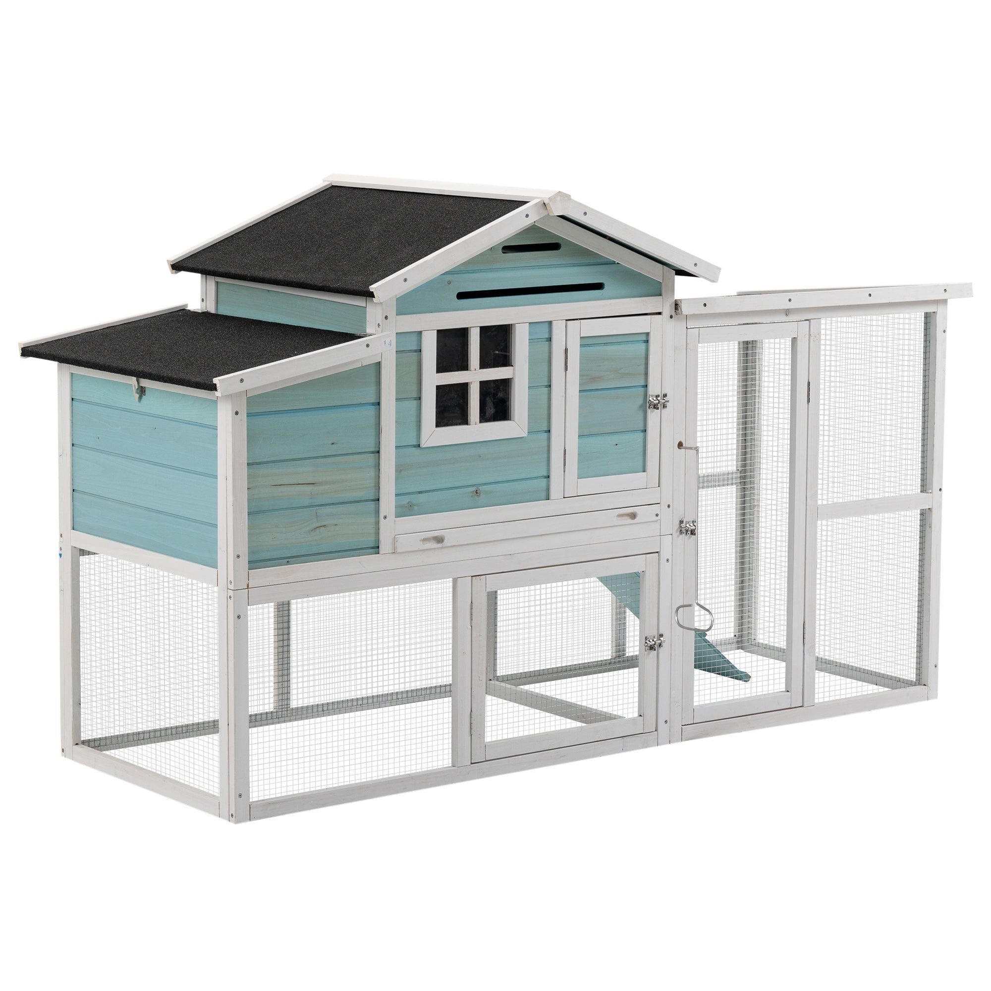 PawHut 76" Wooden Chicken Coop, Outdoor Hen House Poultry Duck Goose Cage with Outdoor Run, Nesting Box, Removable Tray and Lockable Doors, Blue