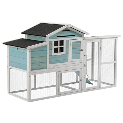 PawHut 76" Wooden Chicken Coop, Outdoor Hen House Poultry Duck Goose Cage with Outdoor Run, Nesting Box, Removable Tray and Lockable Doors, Blue