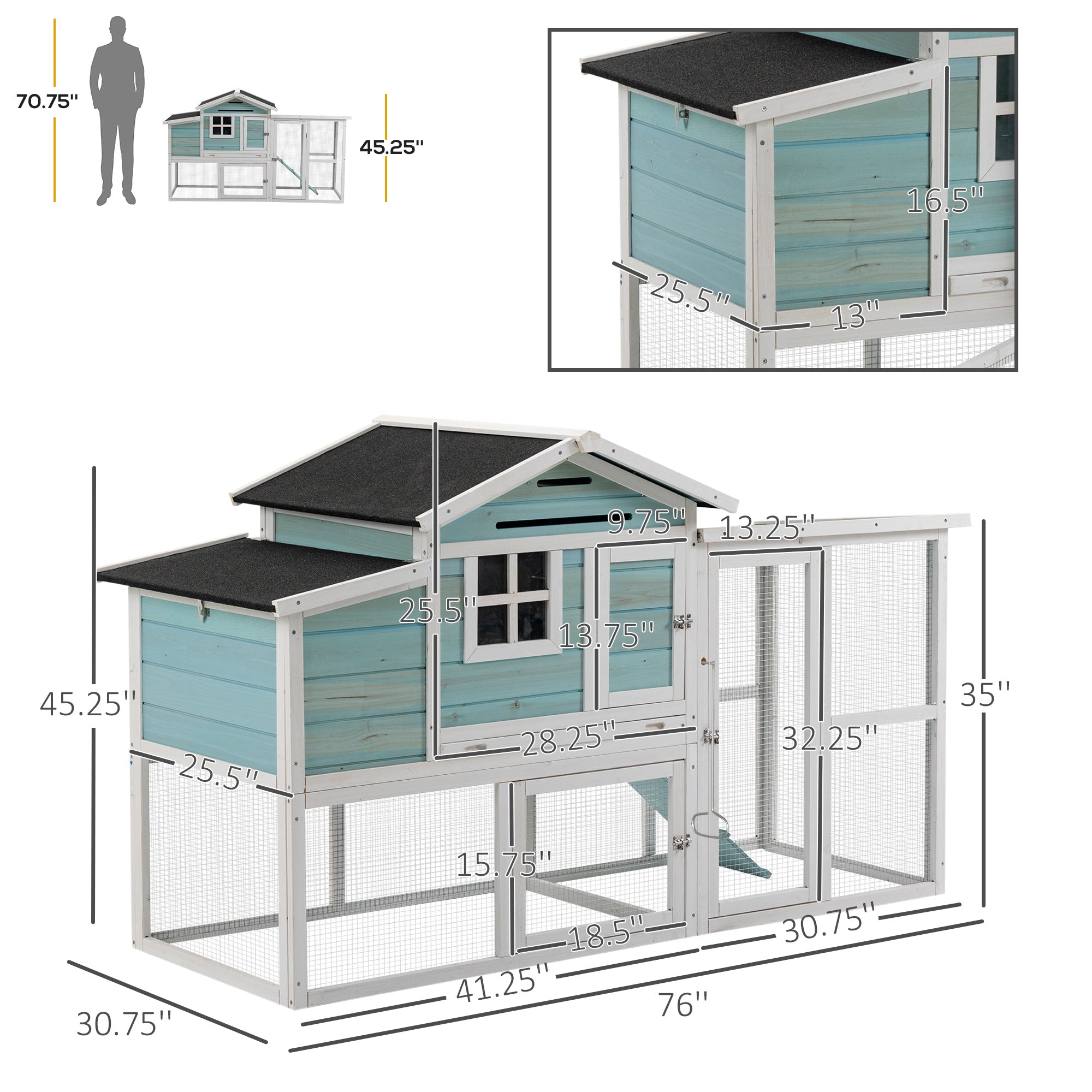 PawHut 76" Wooden Chicken Coop, Outdoor Hen House Poultry Duck Goose Cage with Outdoor Run, Nesting Box, Removable Tray and Lockable Doors, Blue
