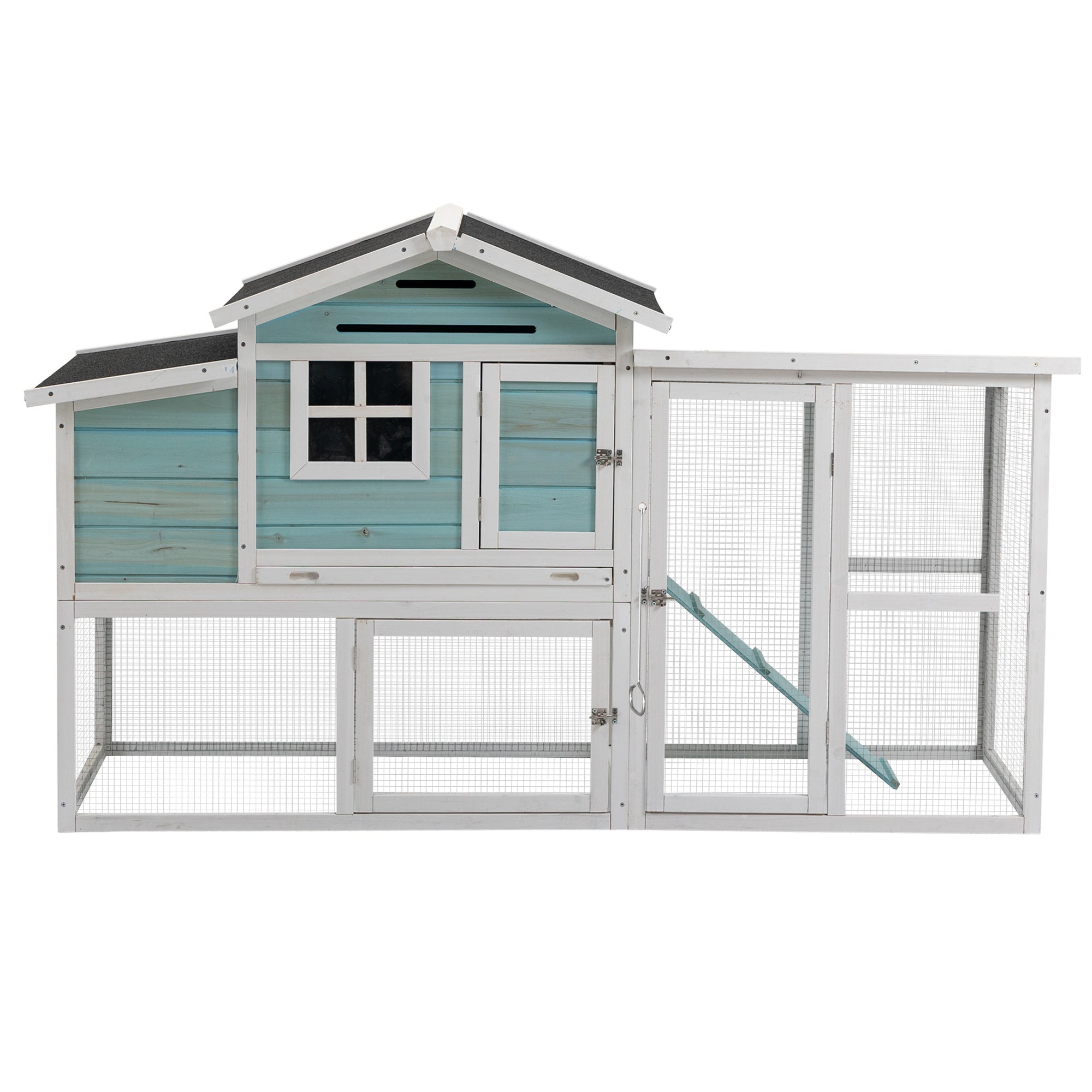 PawHut 76" Wooden Chicken Coop, Outdoor Hen House Poultry Duck Goose Cage with Outdoor Run, Nesting Box, Removable Tray and Lockable Doors, Blue