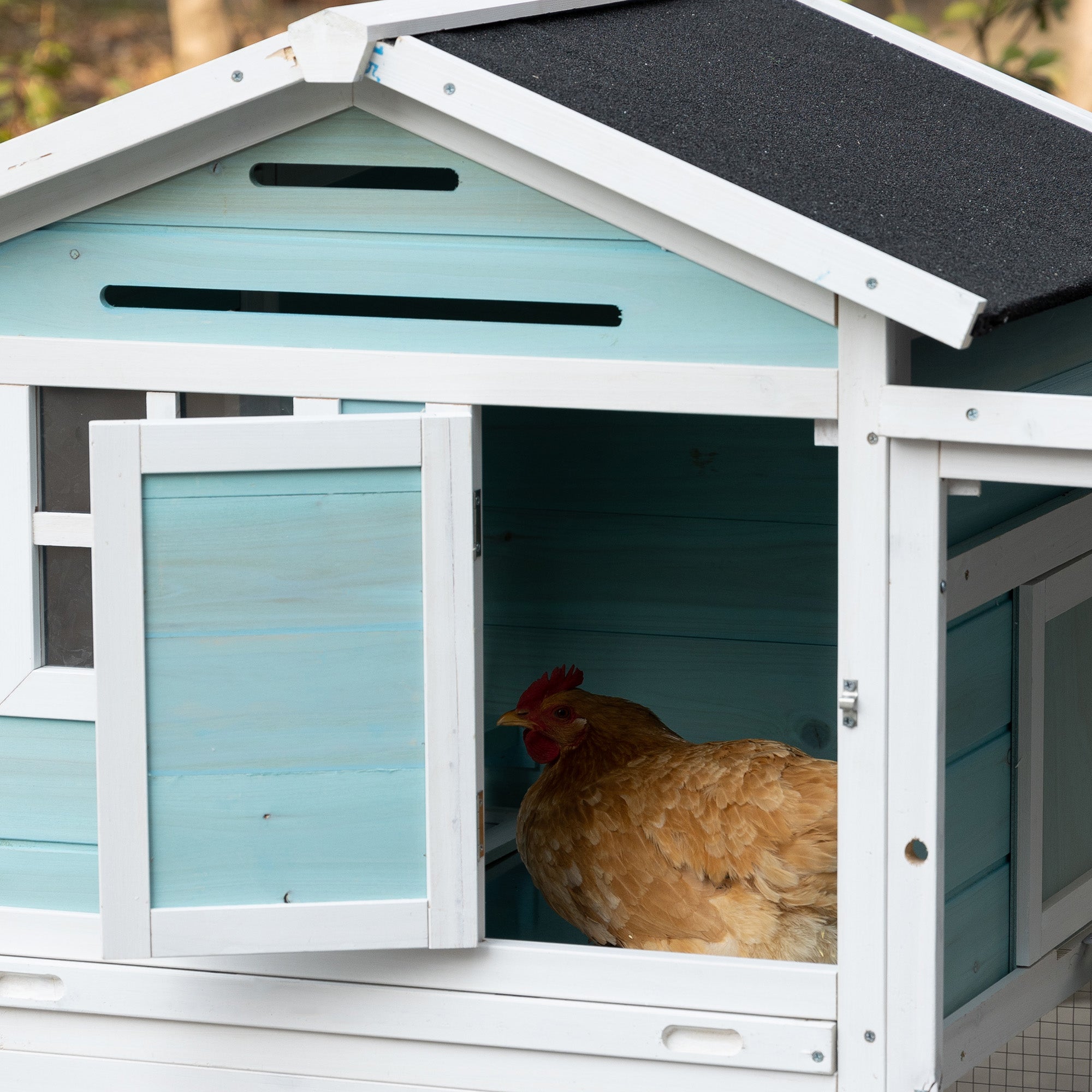 PawHut 76" Wooden Chicken Coop, Outdoor Hen House Poultry Duck Goose Cage with Outdoor Run, Nesting Box, Removable Tray and Lockable Doors, Blue