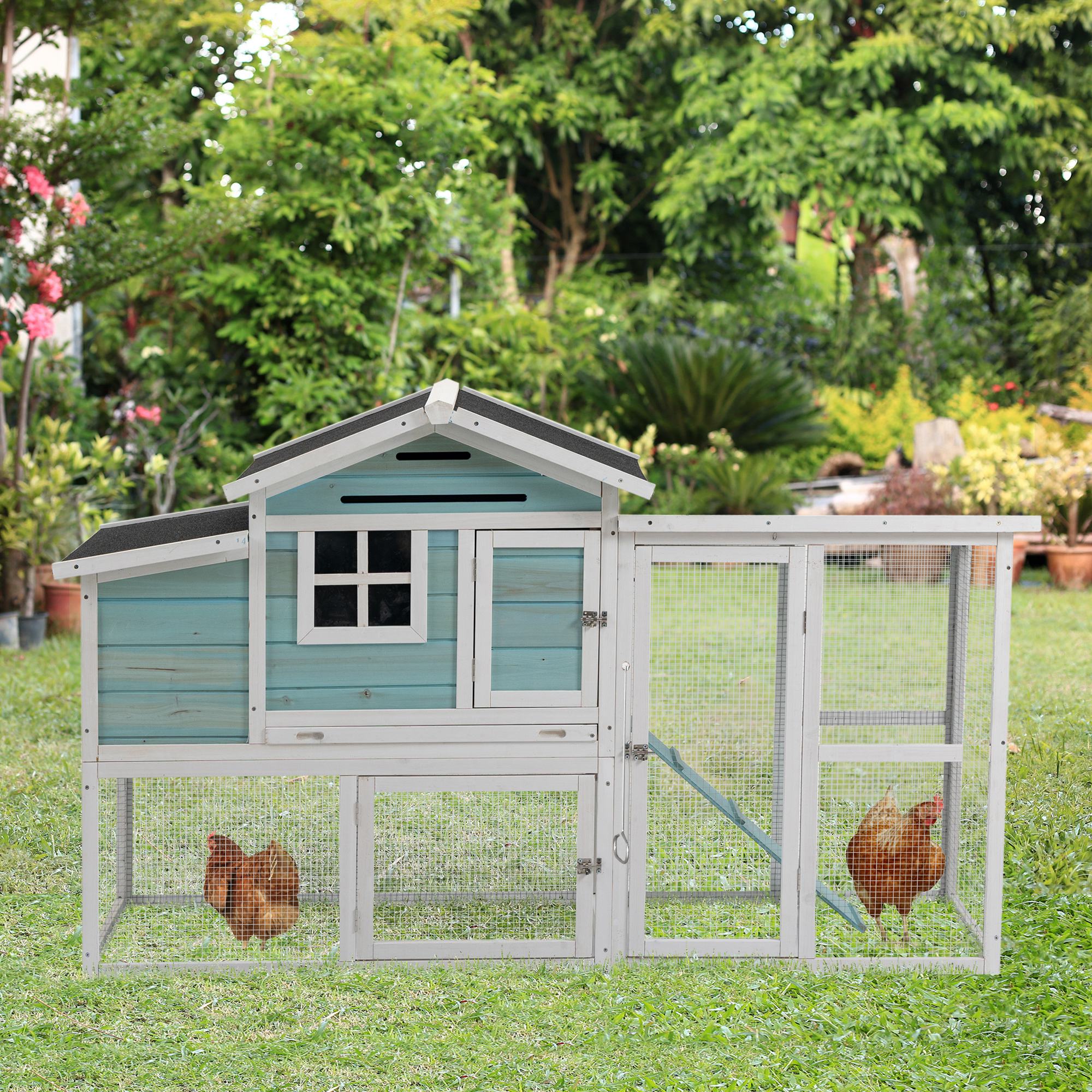 PawHut 76" Wooden Chicken Coop, Outdoor Hen House Poultry Duck Goose Cage with Outdoor Run, Nesting Box, Removable Tray and Lockable Doors, Blue