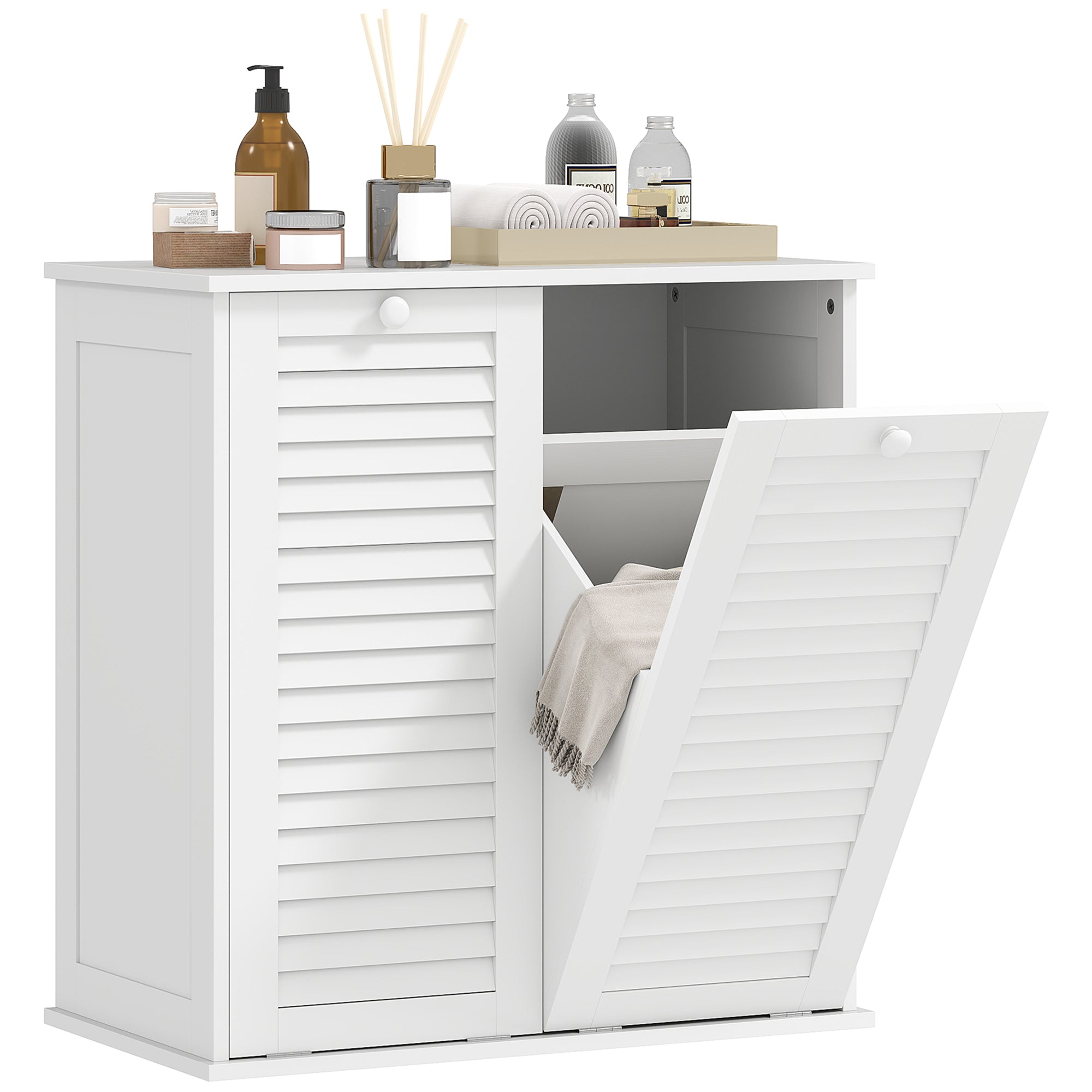 HOMCOM Laundry Cabinet, Laundry Hamper Cabinet with Louvered Doors and 2 Baskets, Bathroom Hamper Cabinet for Laundry Room, Bathroom, White