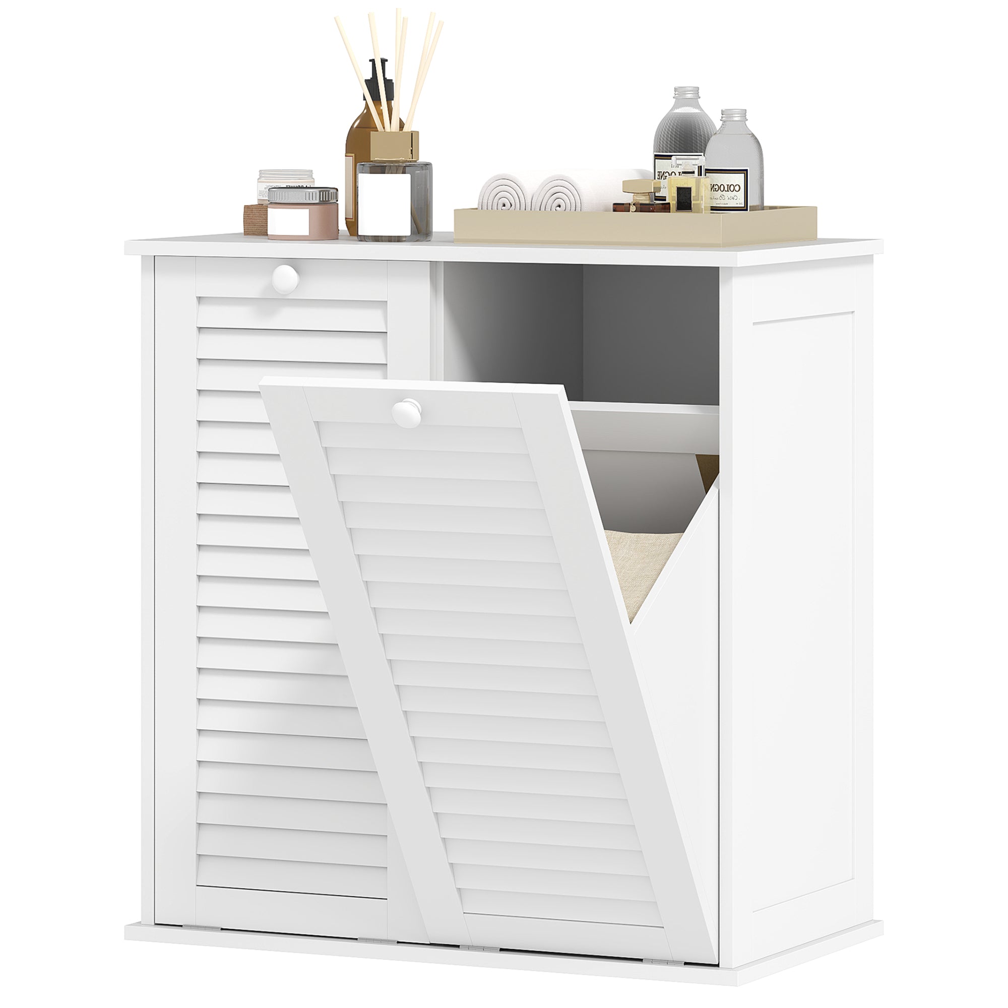 HOMCOM Laundry Cabinet, Laundry Hamper Cabinet with Louvered Doors and 2 Baskets, Bathroom Hamper Cabinet for Laundry Room, Bathroom, White