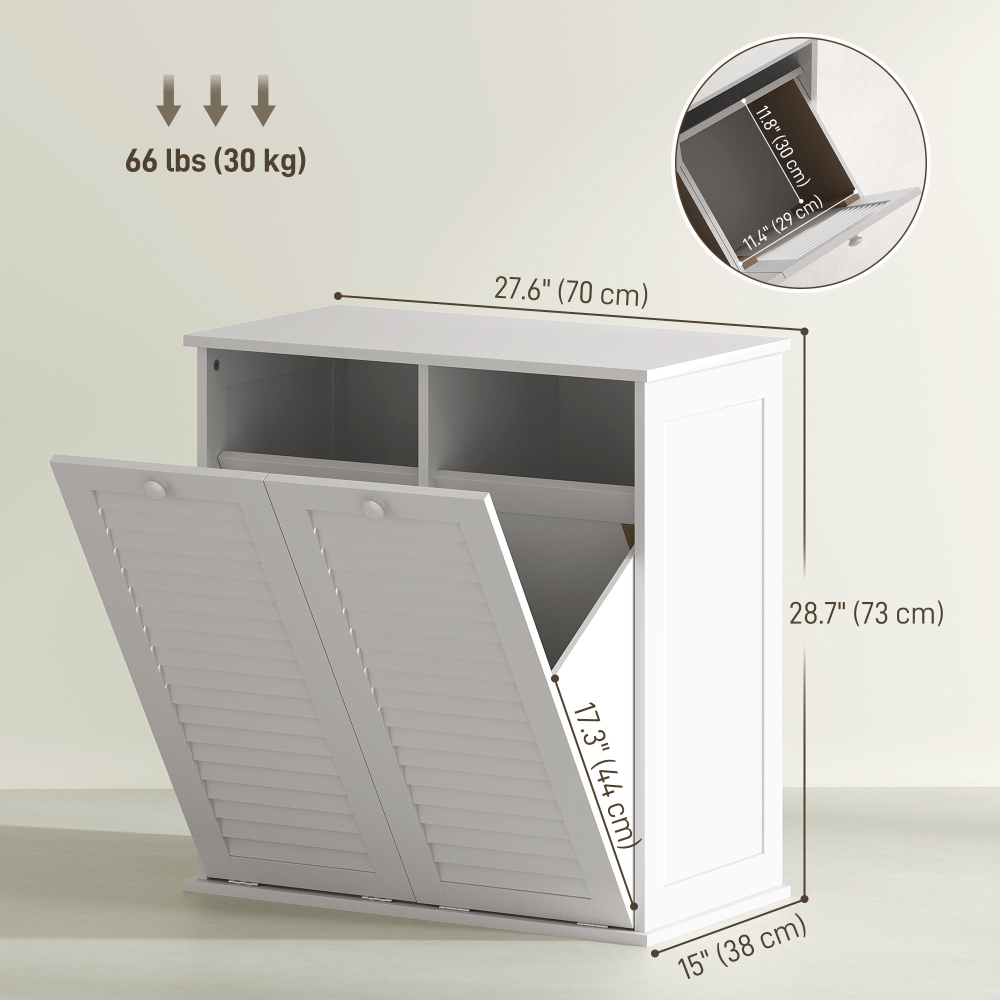HOMCOM Laundry Cabinet, Laundry Hamper Cabinet with Louvered Doors and 2 Baskets, Bathroom Hamper Cabinet for Laundry Room, Bathroom, White
