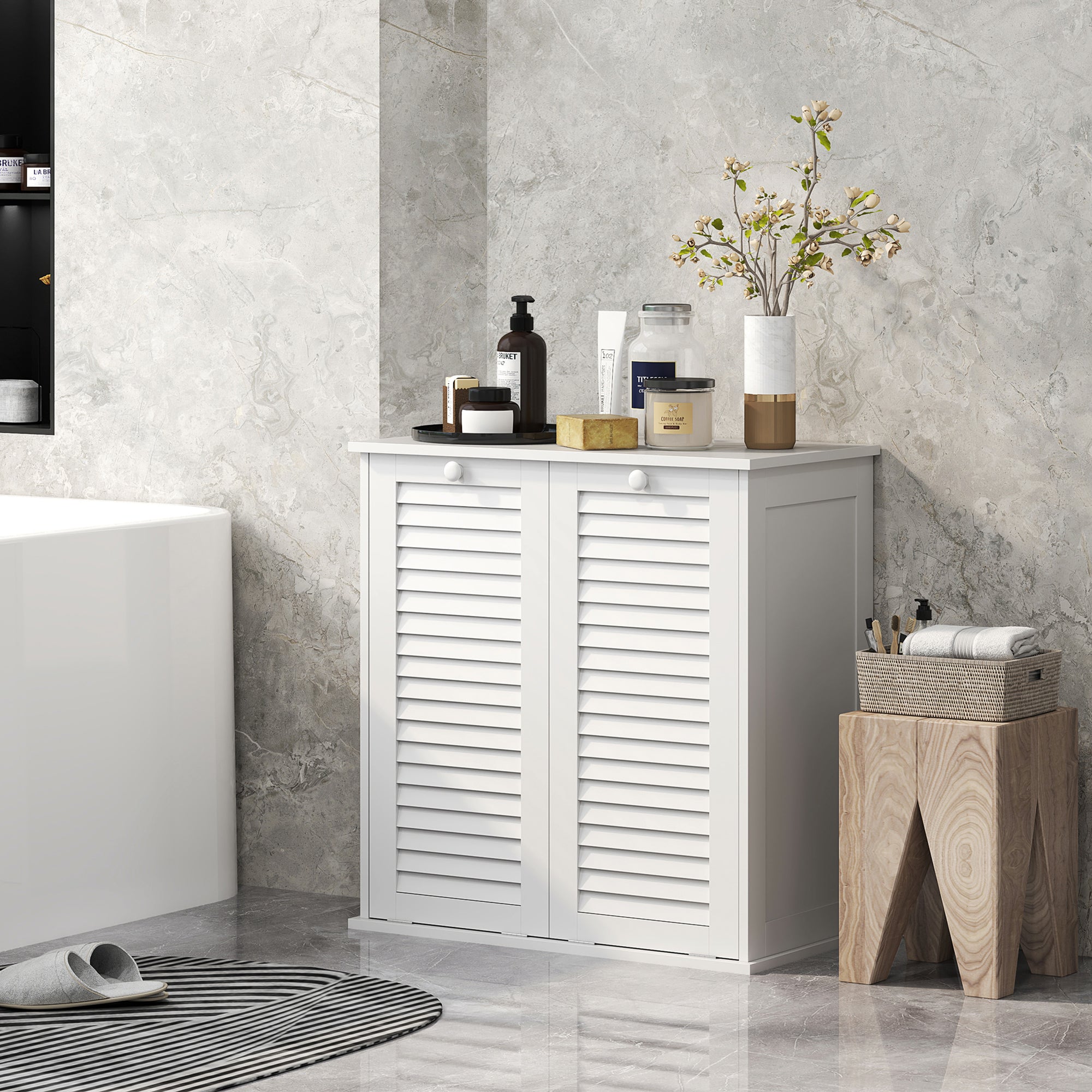 HOMCOM Laundry Cabinet, Laundry Hamper Cabinet with Louvered Doors and 2 Baskets, Bathroom Hamper Cabinet for Laundry Room, Bathroom, White