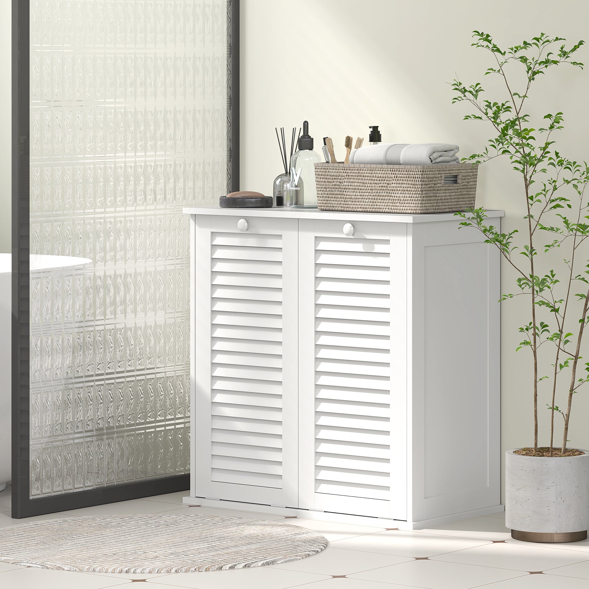 HOMCOM Laundry Cabinet, Laundry Hamper Cabinet with Louvered Doors and 2 Baskets, Bathroom Hamper Cabinet for Laundry Room, Bathroom, White