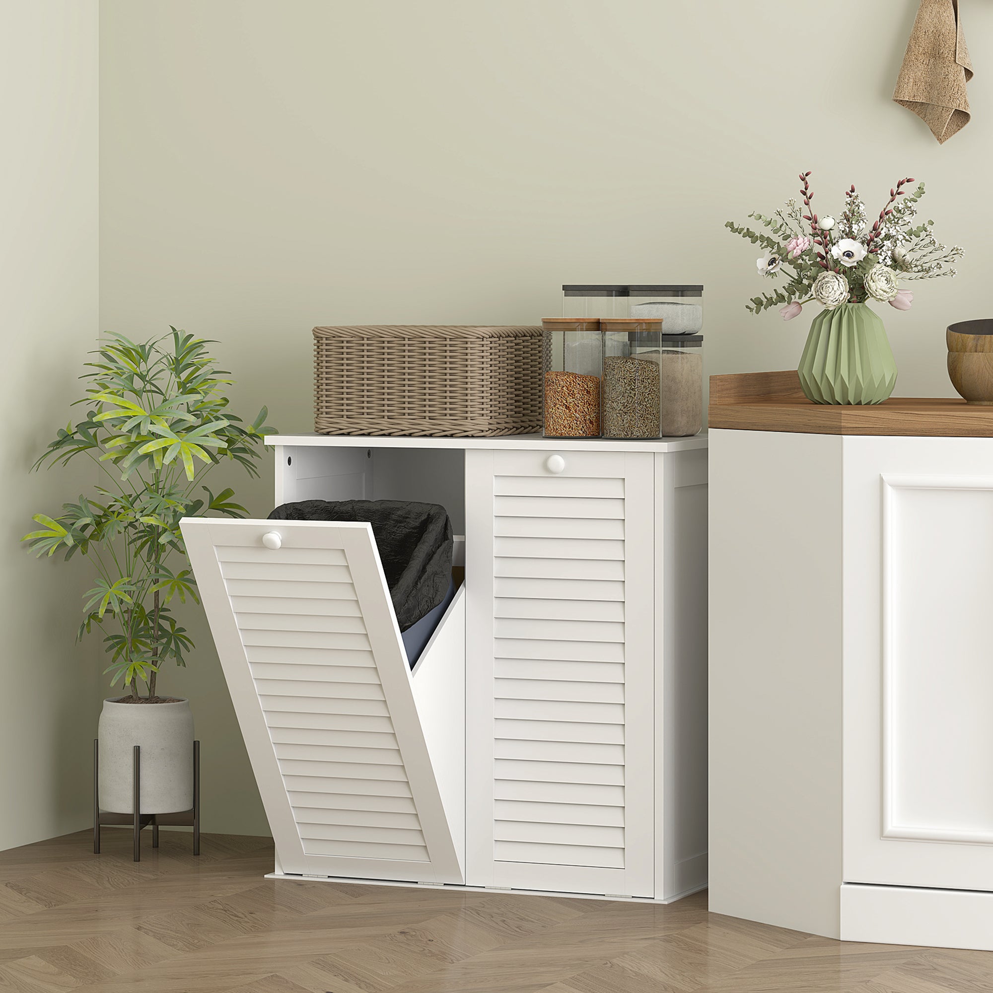 HOMCOM Laundry Cabinet, Laundry Hamper Cabinet with Louvered Doors and 2 Baskets, Bathroom Hamper Cabinet for Laundry Room, Bathroom, White