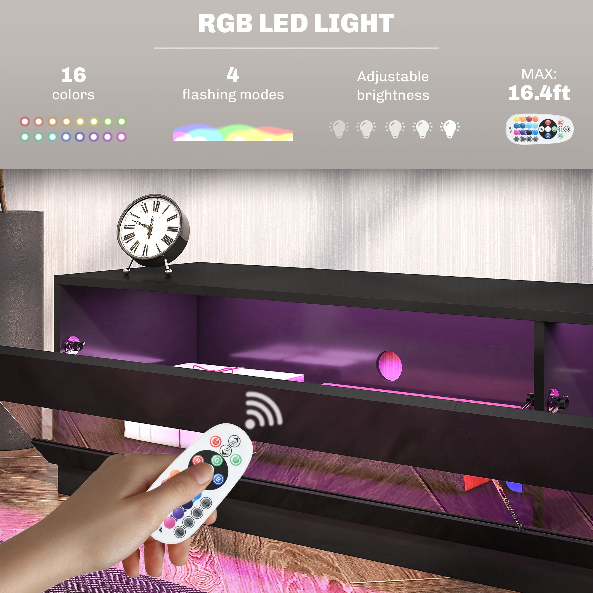 HOMCOM High Gloss TV Stand Cabinet for TVs up to 75", Entertainment Center with LED Light, Media Console with Storage, Black