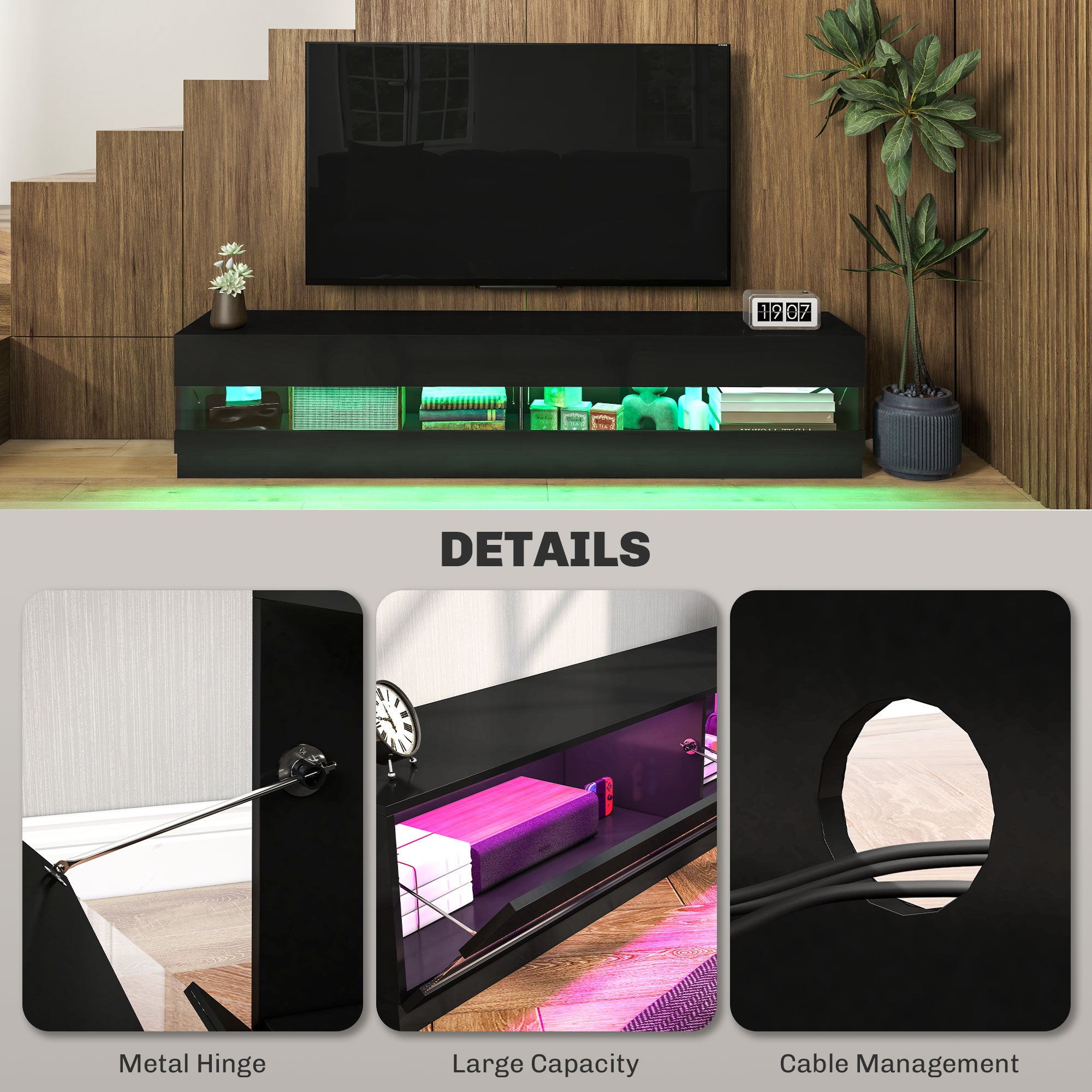 HOMCOM High Gloss TV Stand Cabinet for TVs up to 75", Entertainment Center with LED Light, Media Console with Storage, Black