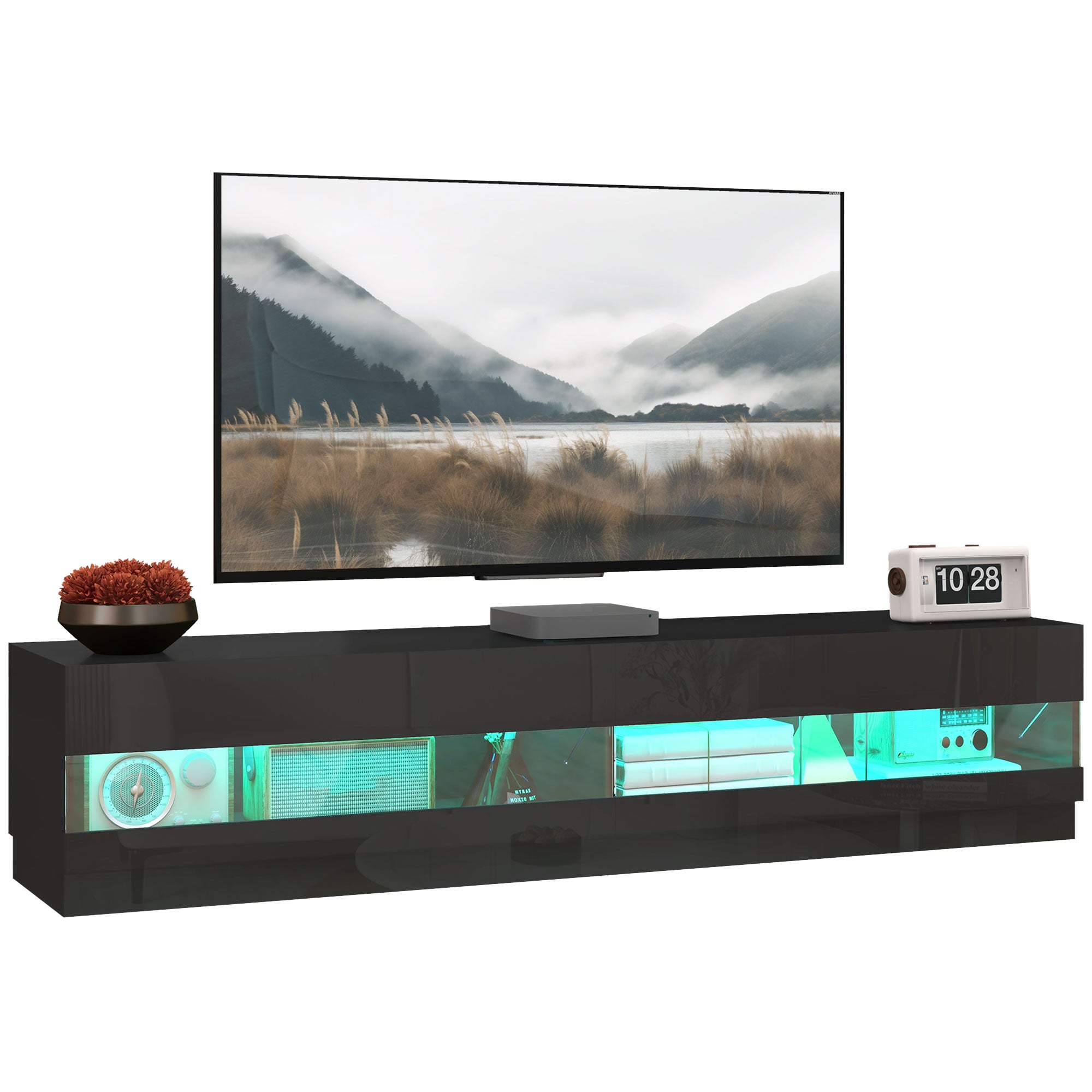HOMCOM High Gloss TV Stand Cabinet for TVs up to 75", Entertainment Center with LED Light, Media Console with Storage, Black