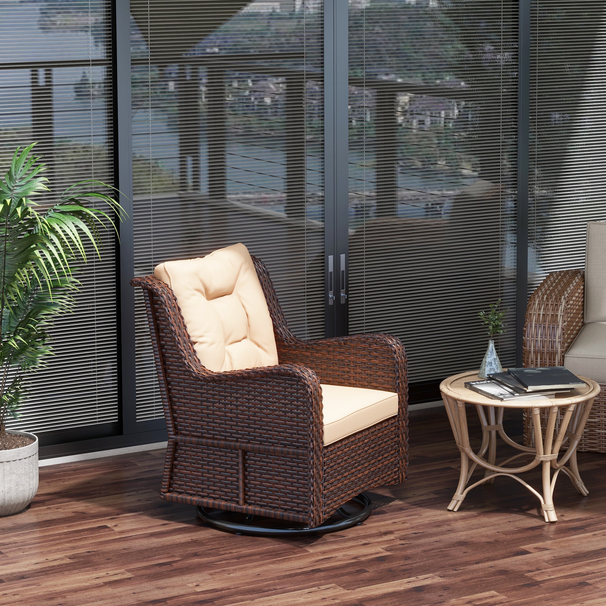 Outsunny PE Rattan 360掳 Swivel Patio Chair with Cushion, Patio Wicker Chair with Armrest, Backrest, Brown