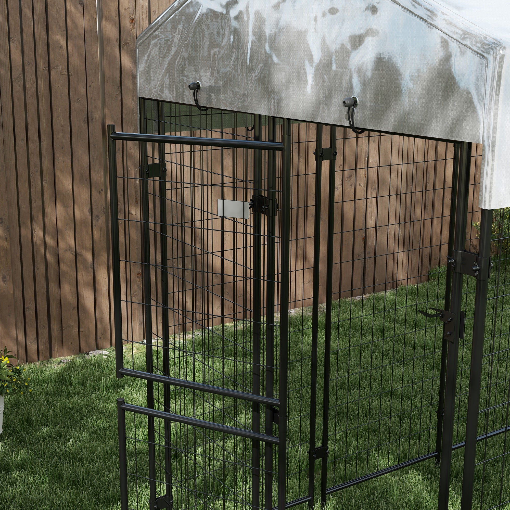 PawHut 7.8' x 4' x 6' Dog Kennel Outdoor with Waterproof Cover, Dog Playpen for Extra Large Dogs with Two Part Door Design, Silver