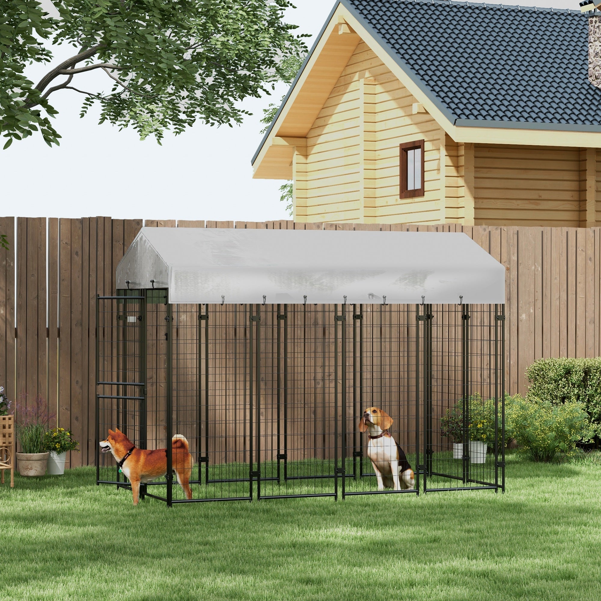 PawHut 7.8' x 4' x 6' Dog Kennel Outdoor with Waterproof Cover, Dog Playpen for Extra Large Dogs with Two Part Door Design, Silver